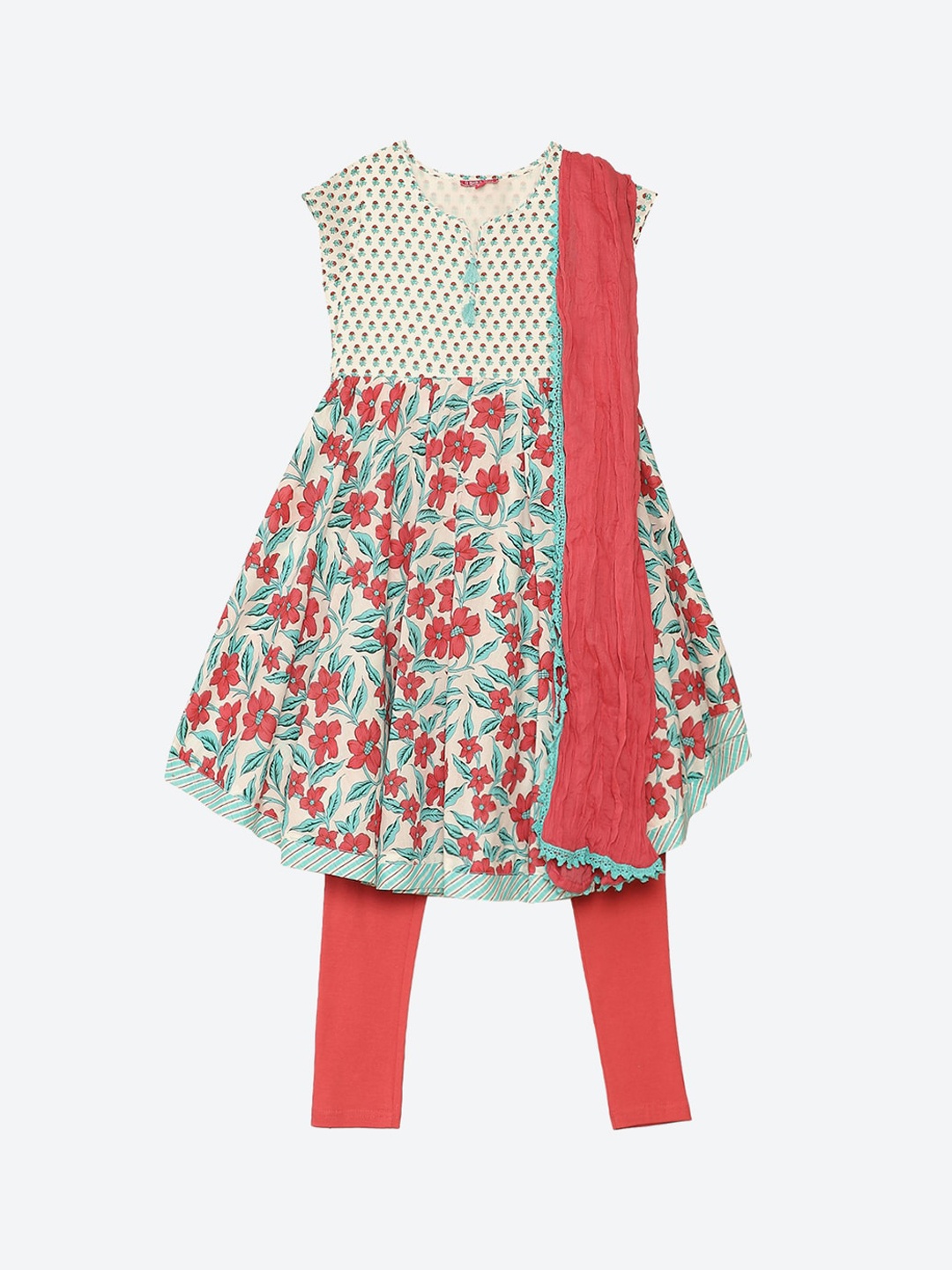 

Biba Girls Off White Floral Printed Kurta with Churidar & Dupatta