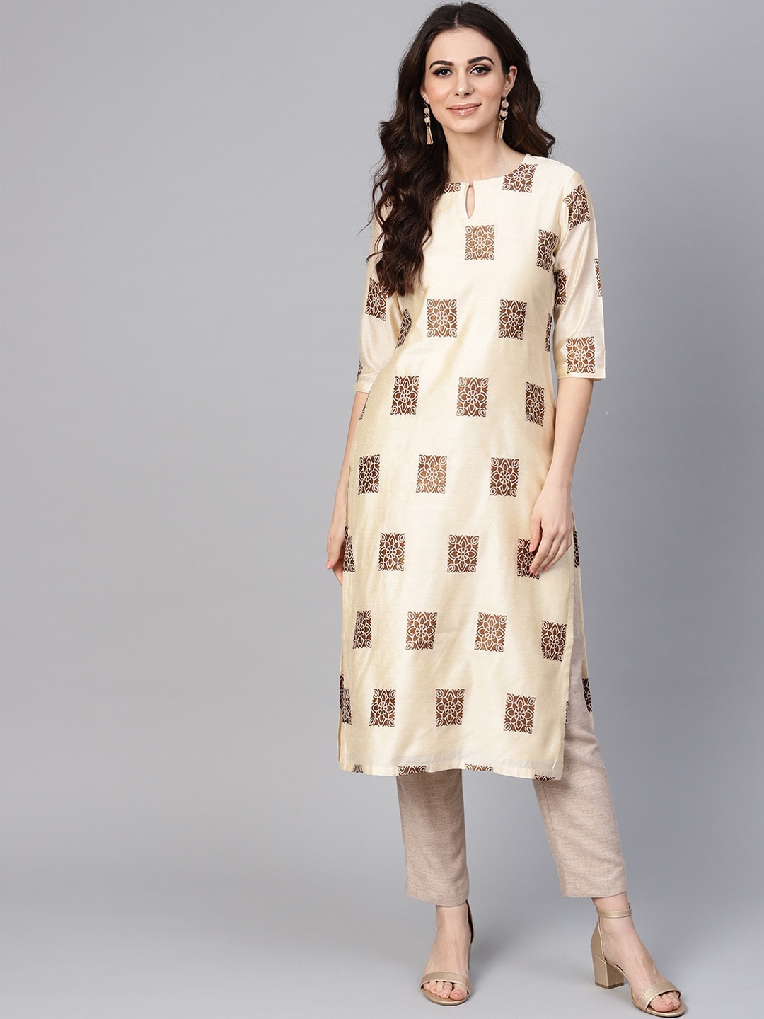 Libas Women Beige Ethnic Motifs Keyhole Neck Straight Kurta