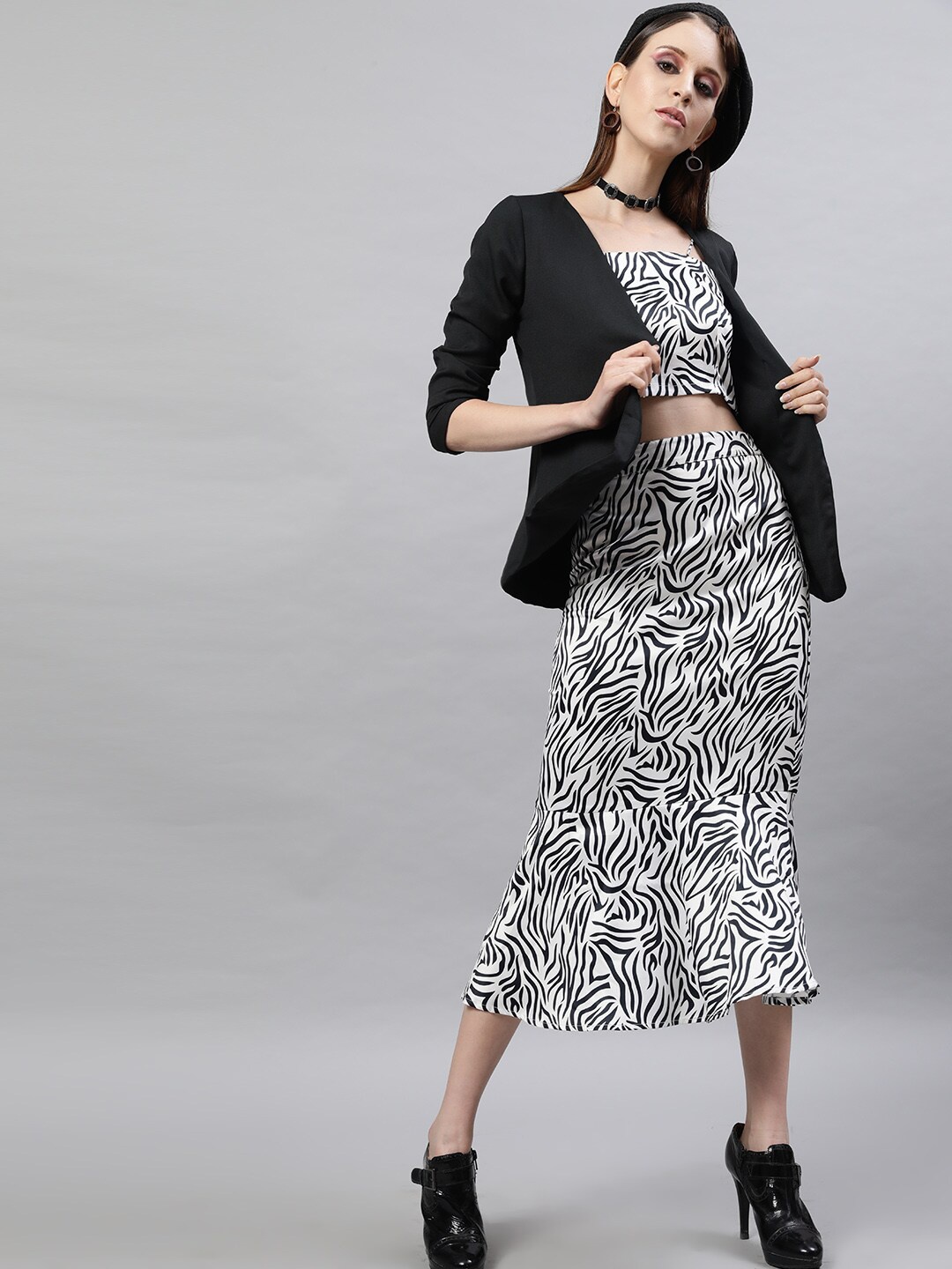 STREET 9 Black & White Animal Satin A-Line Midi Dress