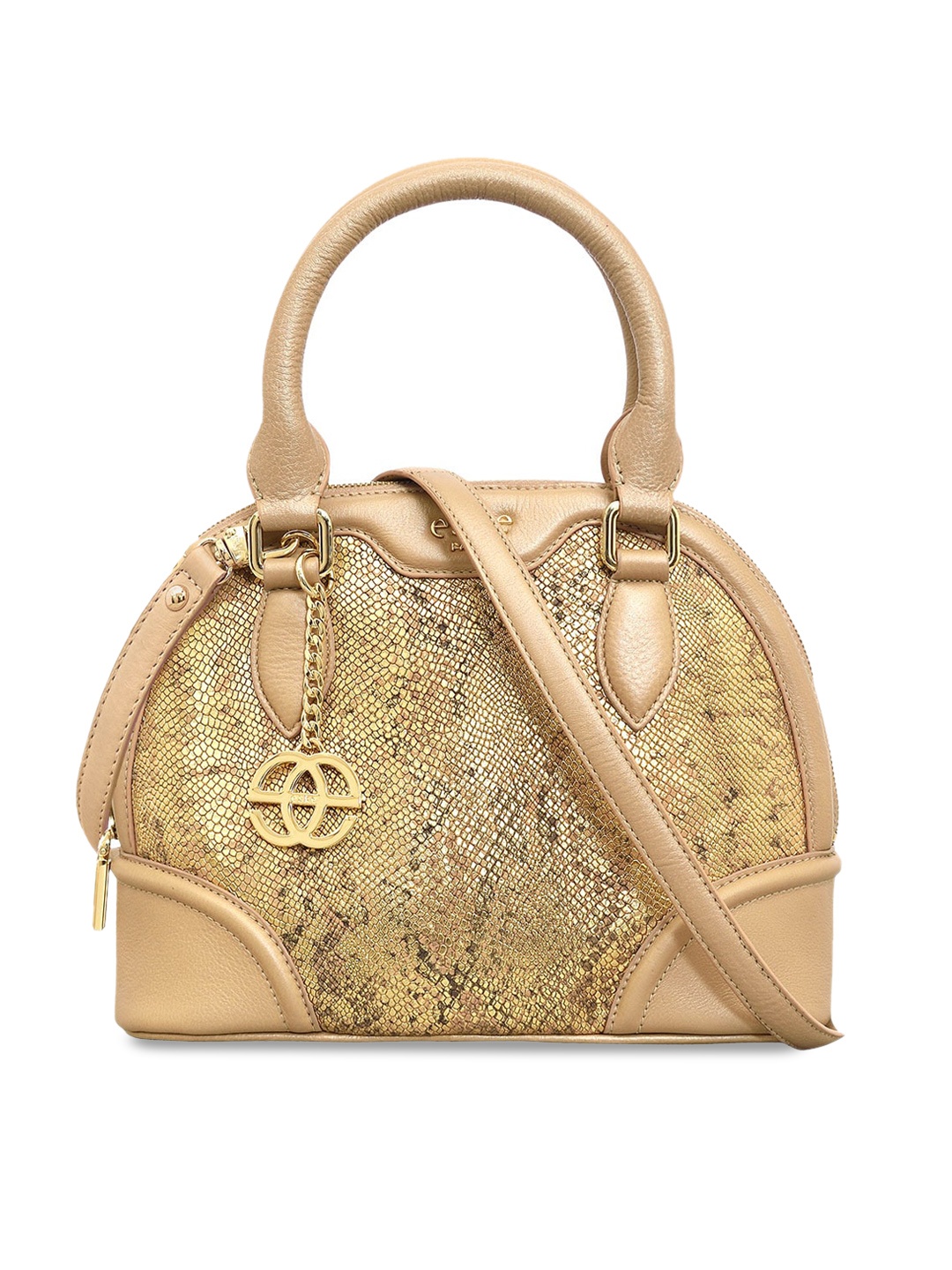 

Eske Gold Snakeskin Textured Leather Half Moon Handheld Bag with Cut Work