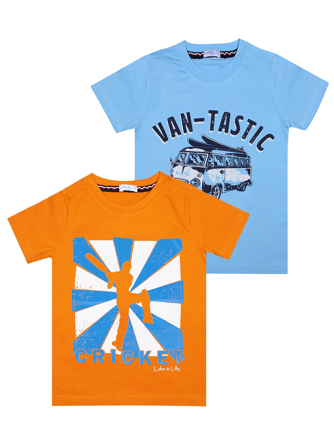 Luke Lilly Boys Pack of 2 Orange Blue Printed Pure Cotton T-shirt