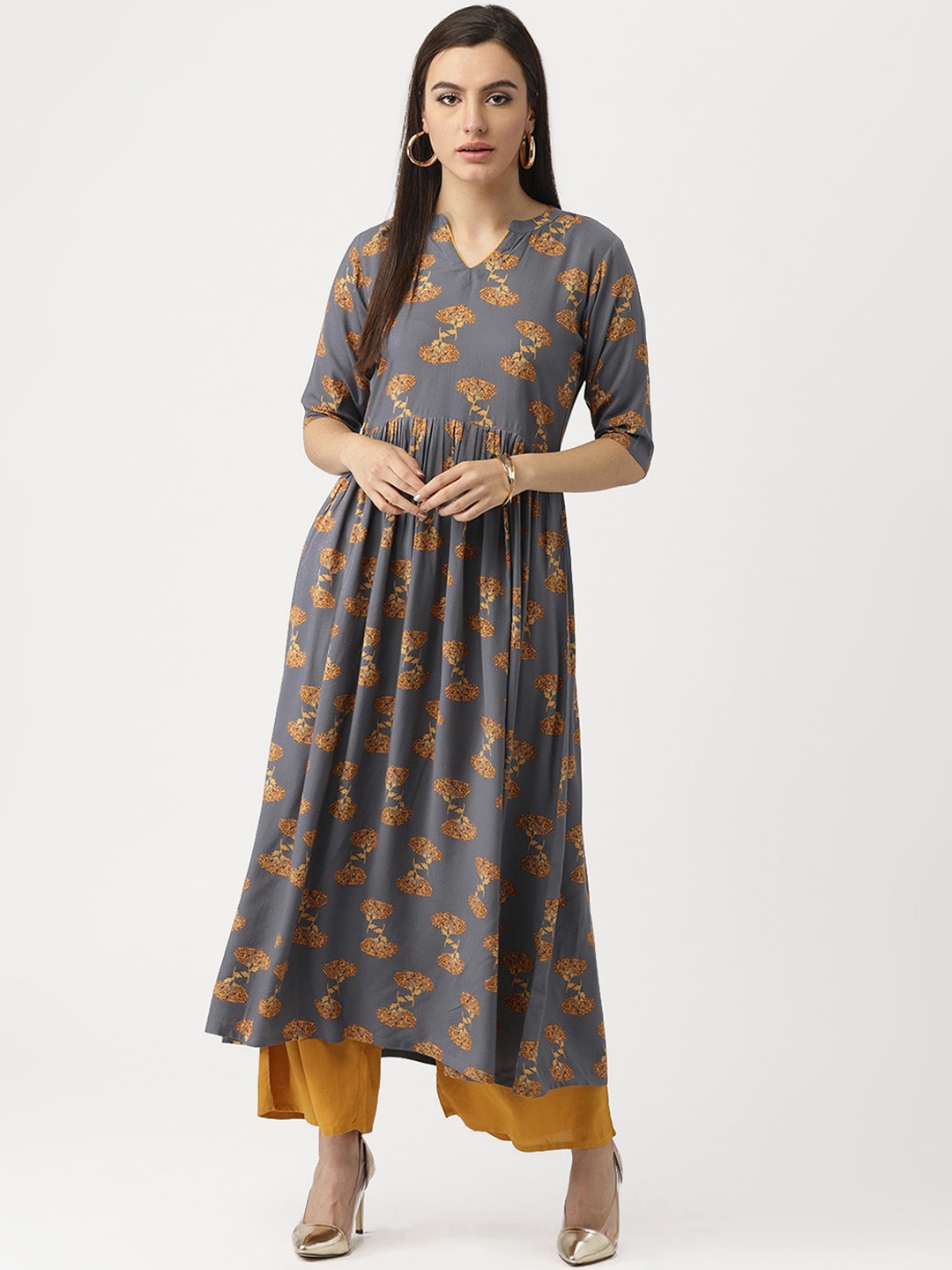 

Libas Women Grey Ethnic Motifs Printed Thread Work Anarkali Kurta