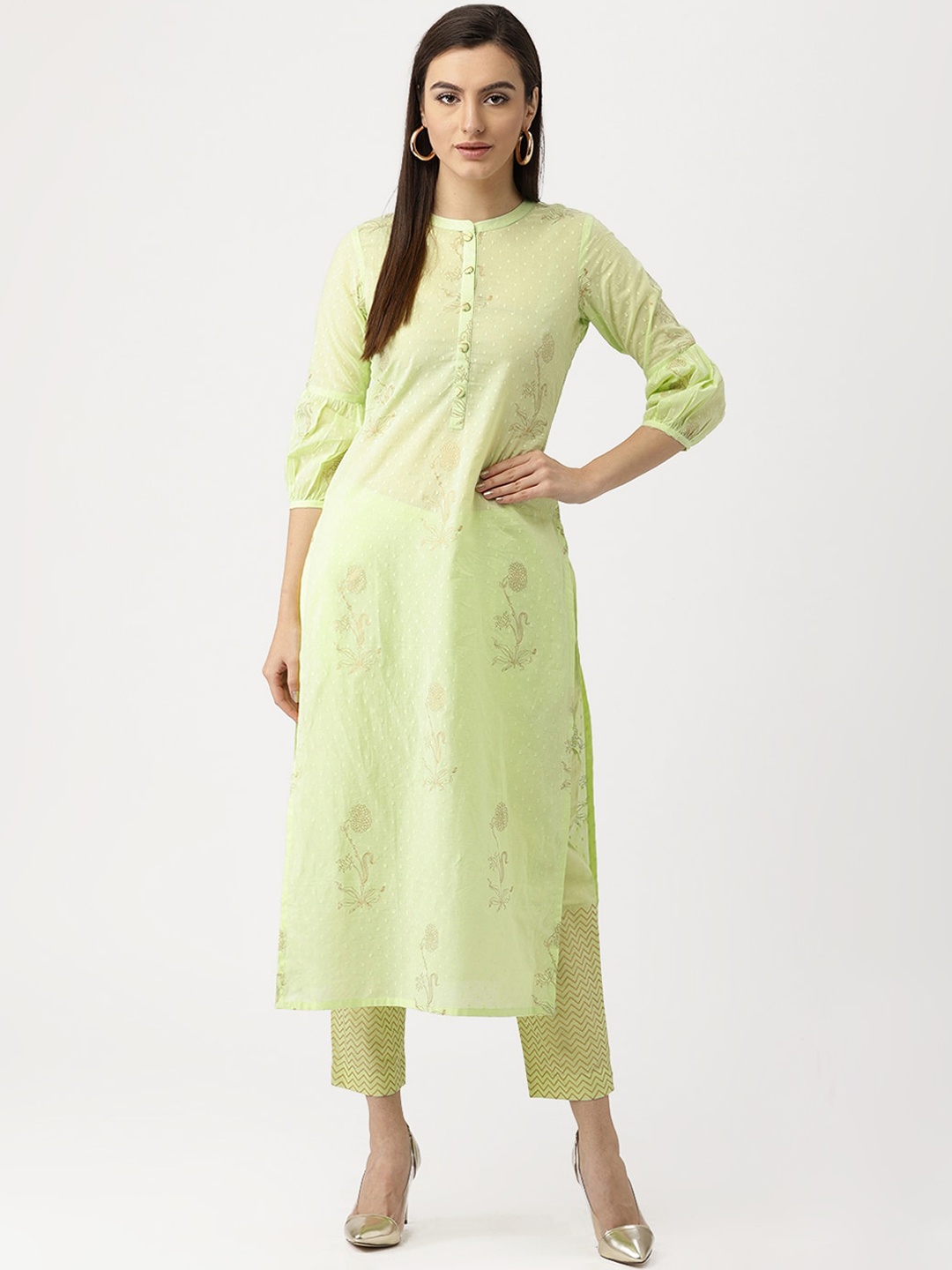 

Libas Women Green Floral Printed Pure Cotton Kurta with Trousers