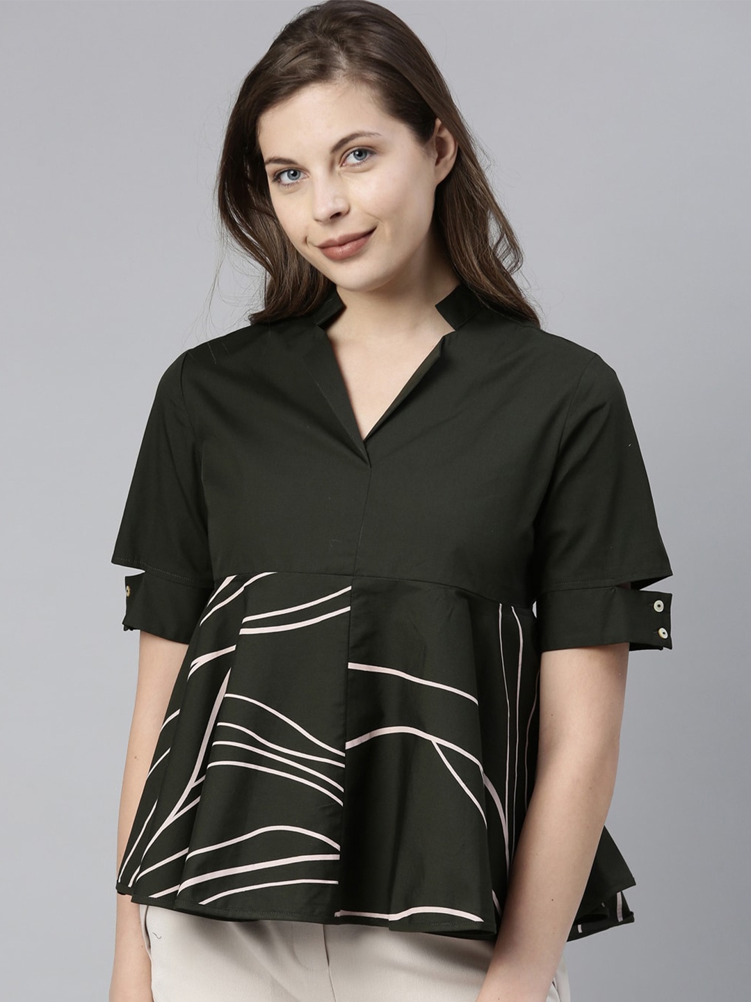 

RAREISM Abstract Printed Mandarin Collar Cotton A-Line Top, Olive