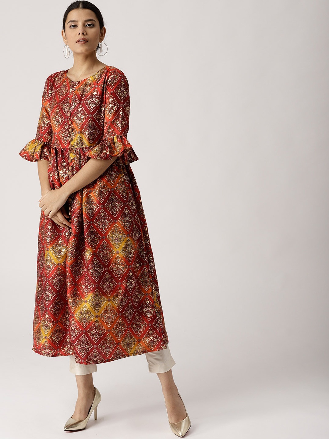 

Libas Women Multi Ethnic Motifs Printed Chanderi Silk Chanderi Silk Anarkali Kurta