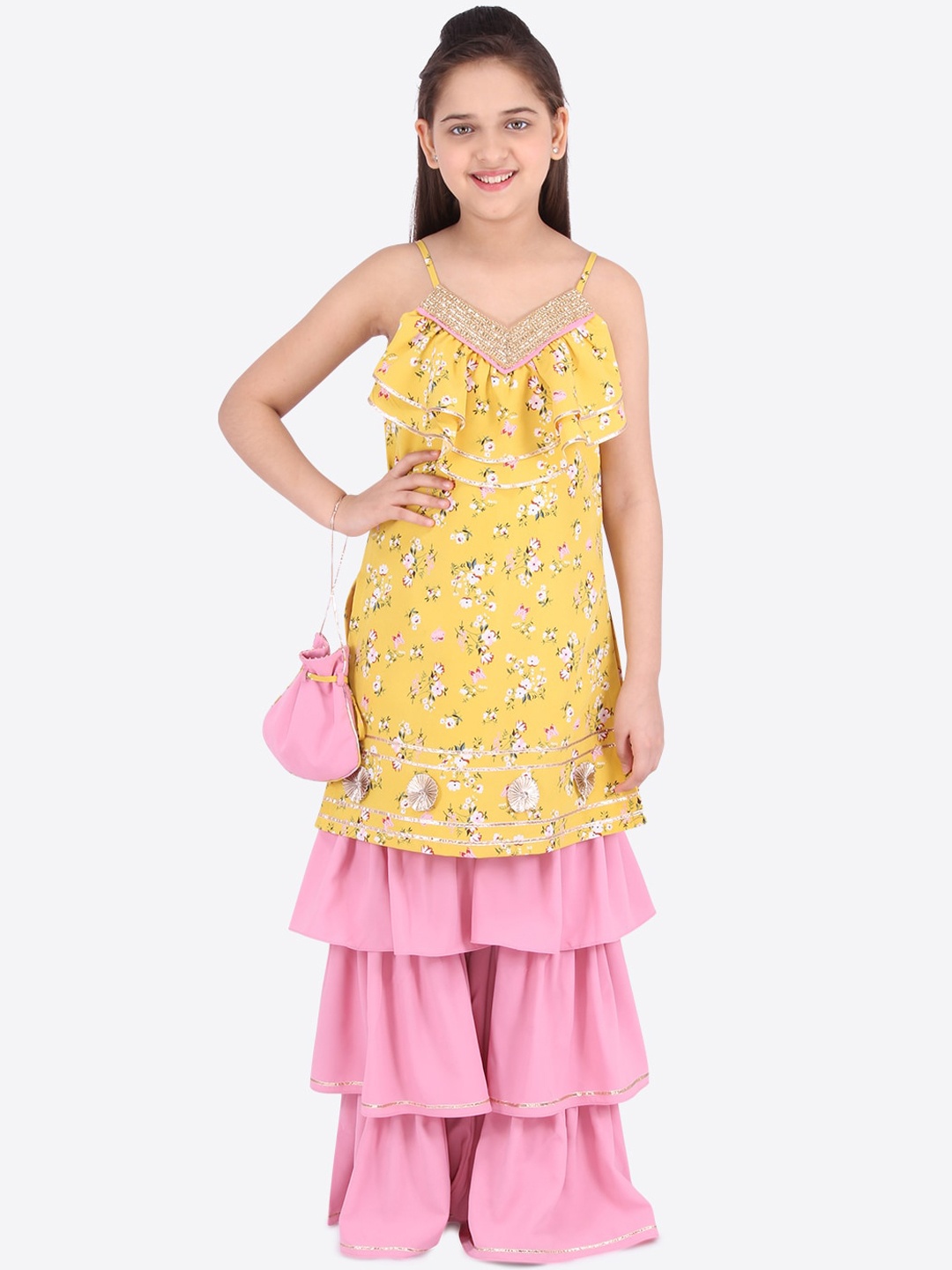 

CUTECUMBER Girls Yellow Floral Embroidered Kurta with Sharara