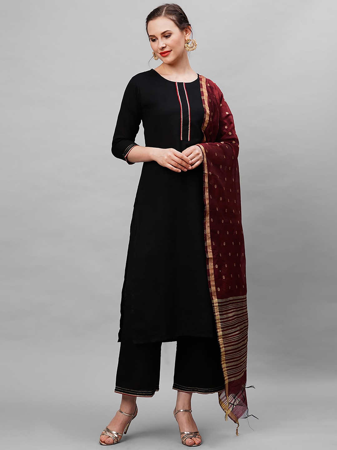 

Indo Era Women Black & Maroon Panelled Kurta with Palazzos & With Dupatta