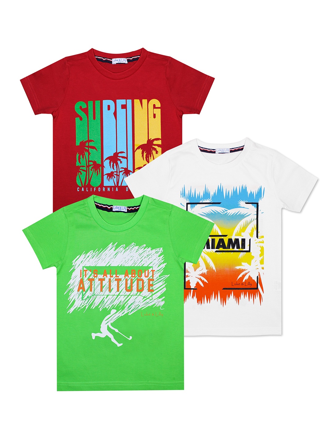 

Luke Lilly Boys Pack of 3 Multi-colored Typography Printed Pure Cotton T-shirt