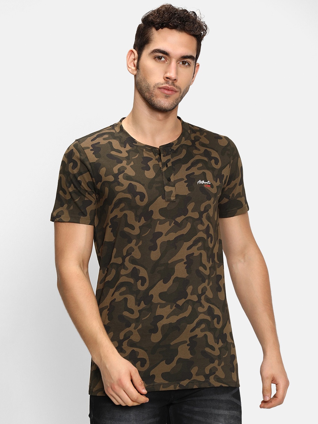 

V2 Value & Variety Men Green Camouflage Printed Henley Neck Cotton T-shirt