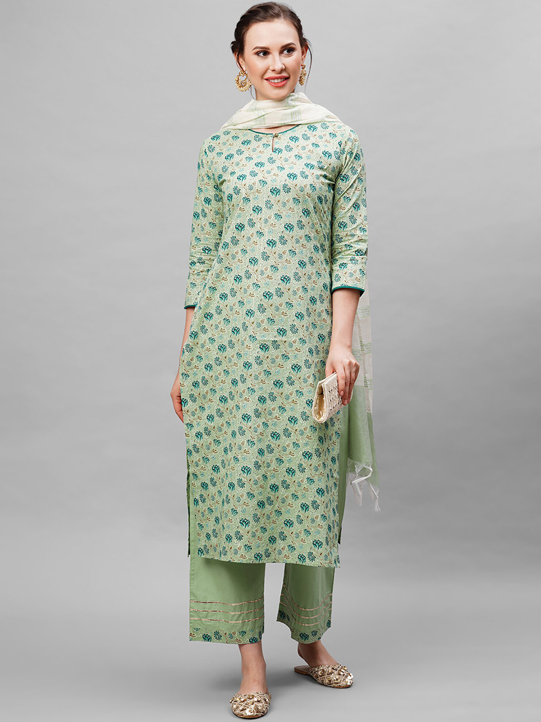 

Indo Era Women Green Ethnic Motifs Printed Pure Cotton Kurta with Palazzos & With Dupatta