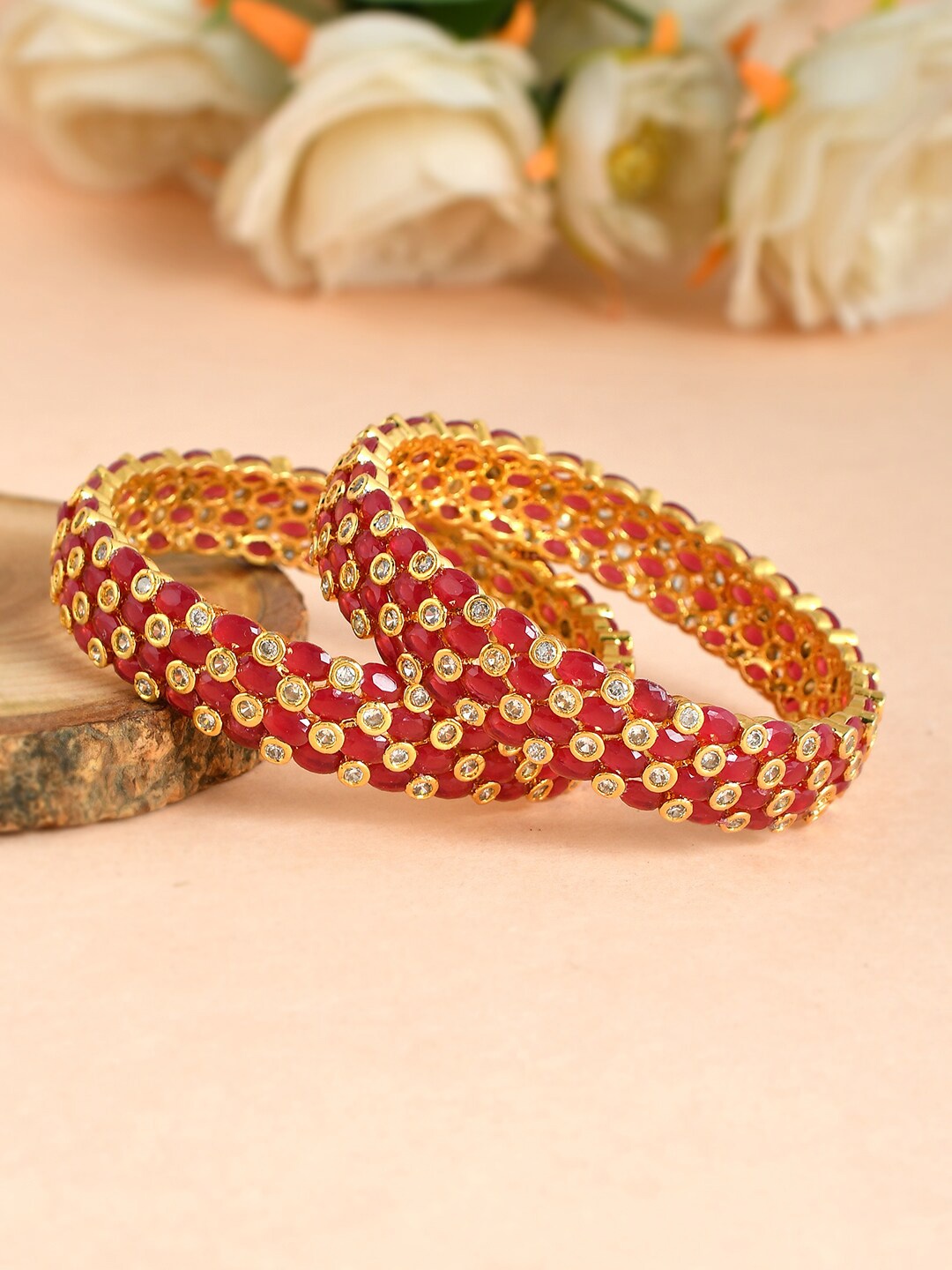 

Silvermerc Designs Set Of 2 Red & White AD & Faux Ruby-Studded Jadau Bangles, Gold