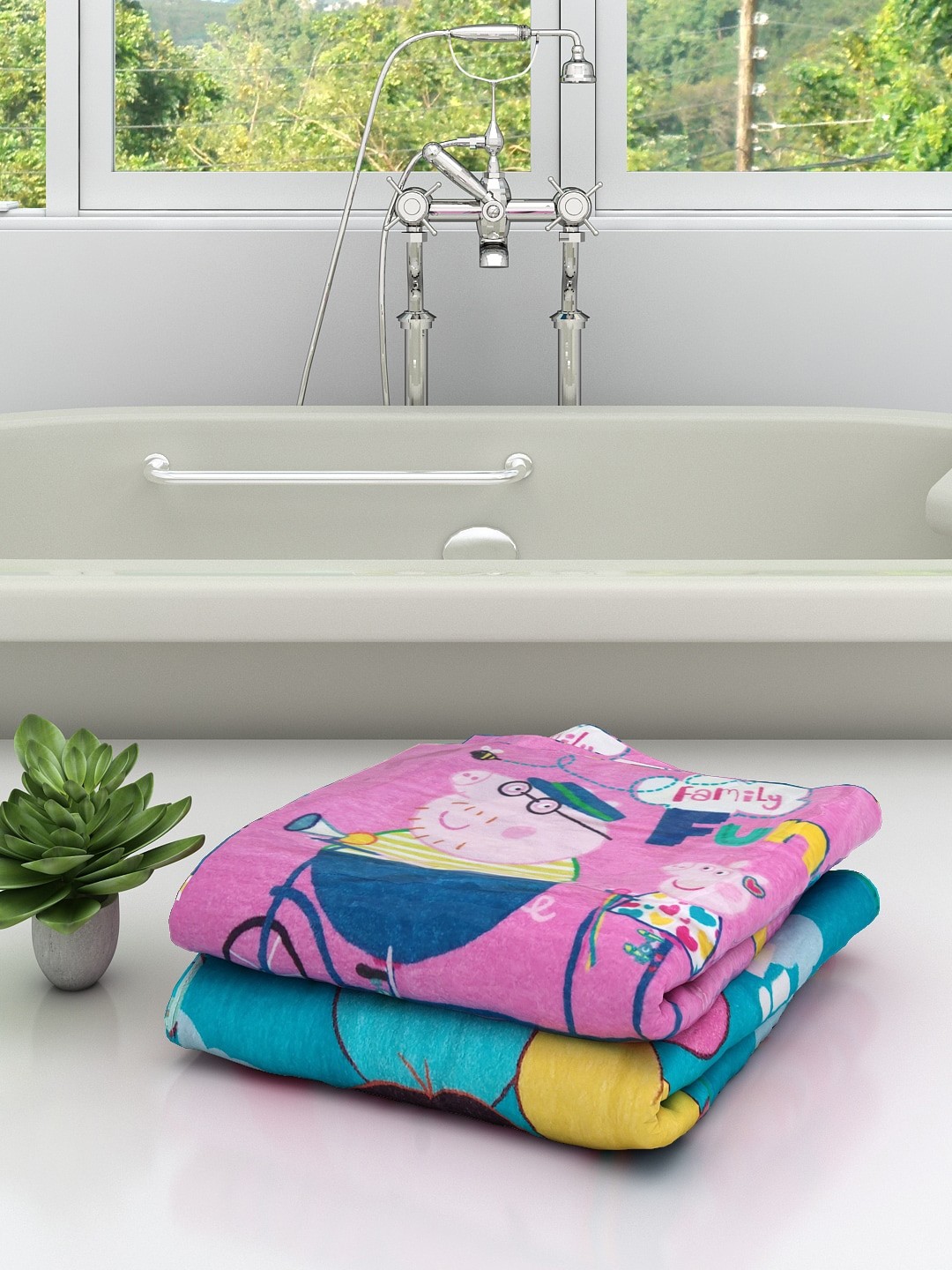 

Athom Trendz Set Of 2 Peepa Pig & Doora Printed 350 GSM Cotton Bath Towels, Pink