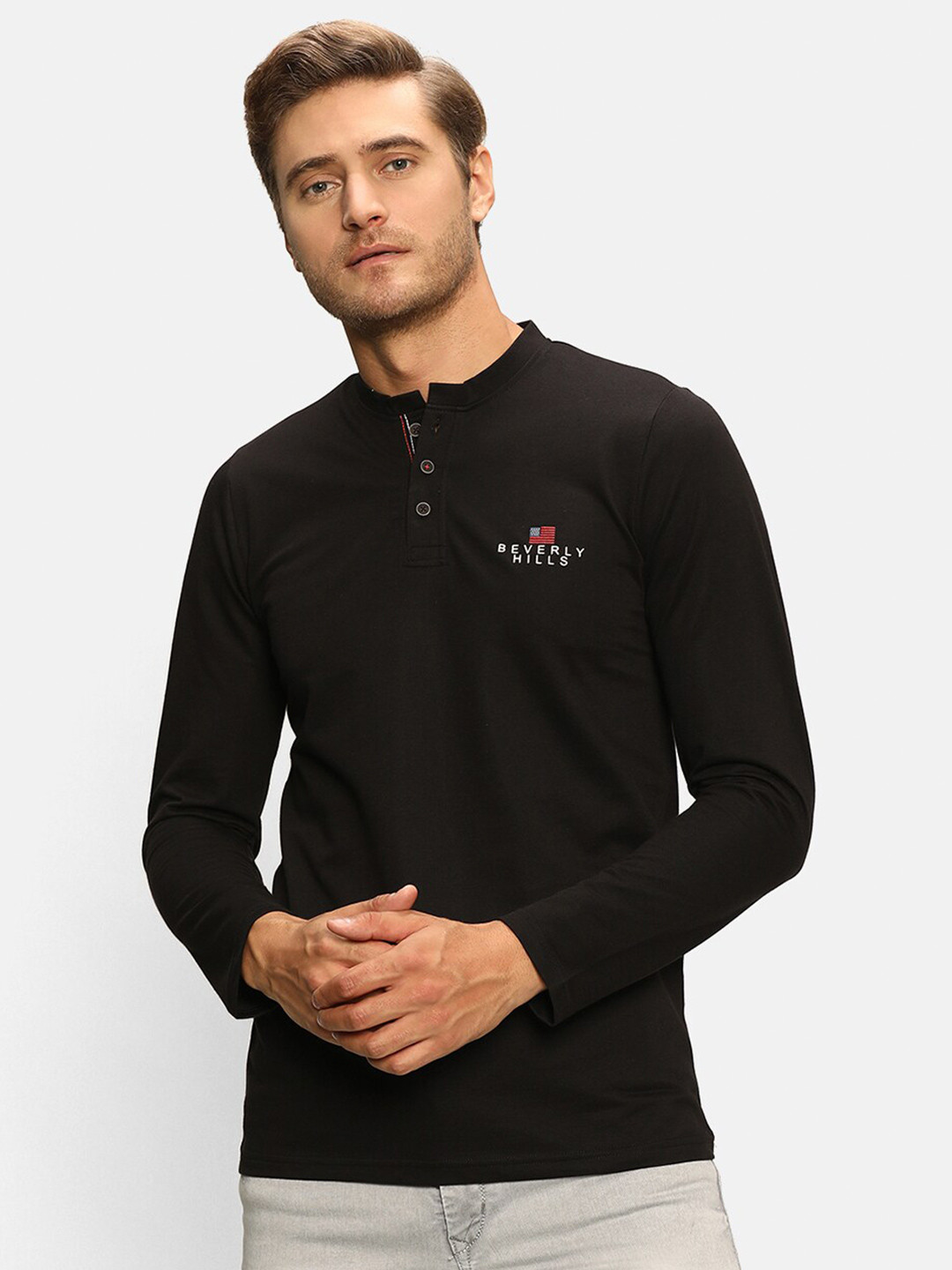 

V2 Value & Variety Men Black Henley Neck T-shirt