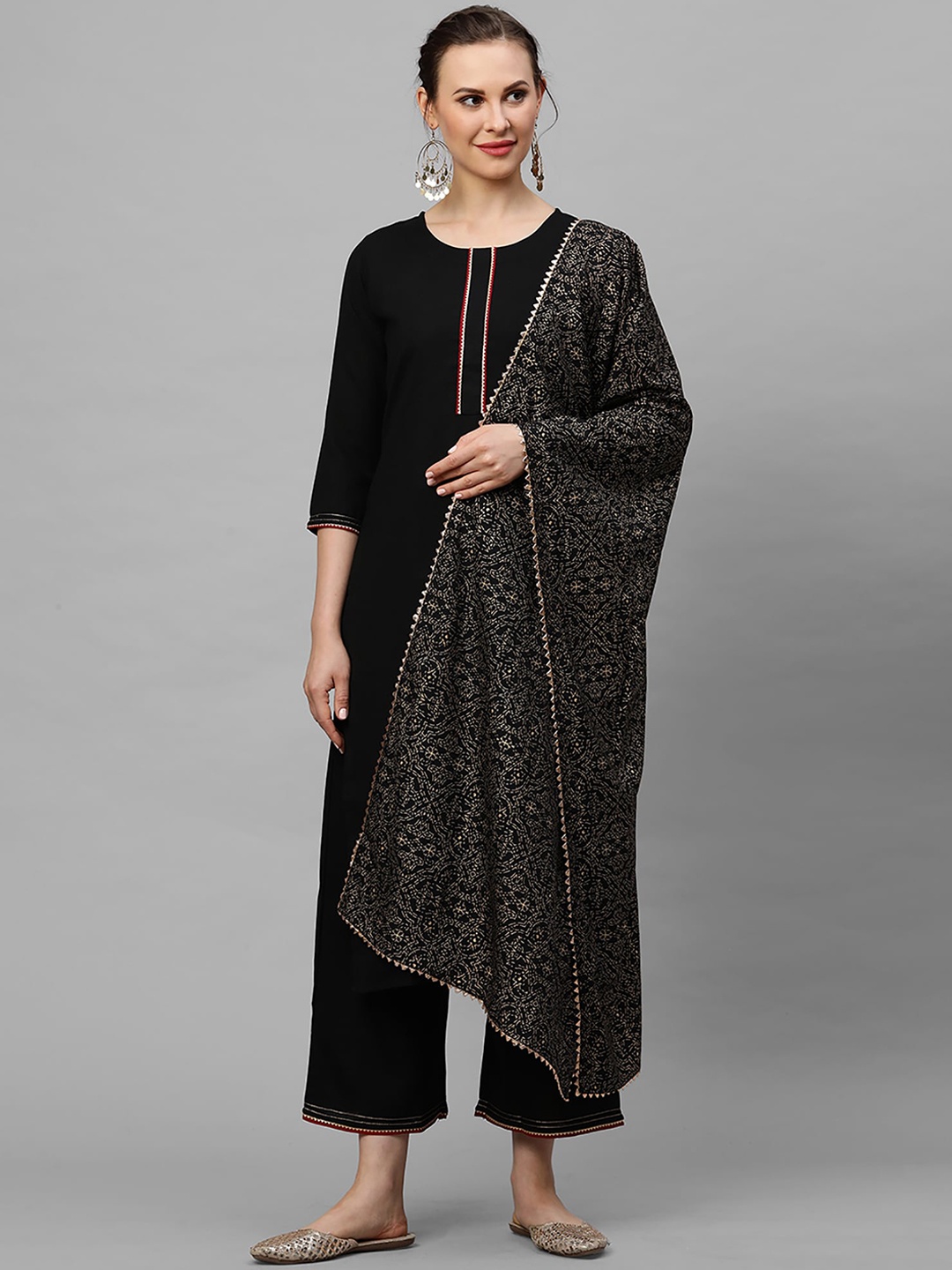 Indo Era Women Black Pure Cotton Kurta with Palazzos