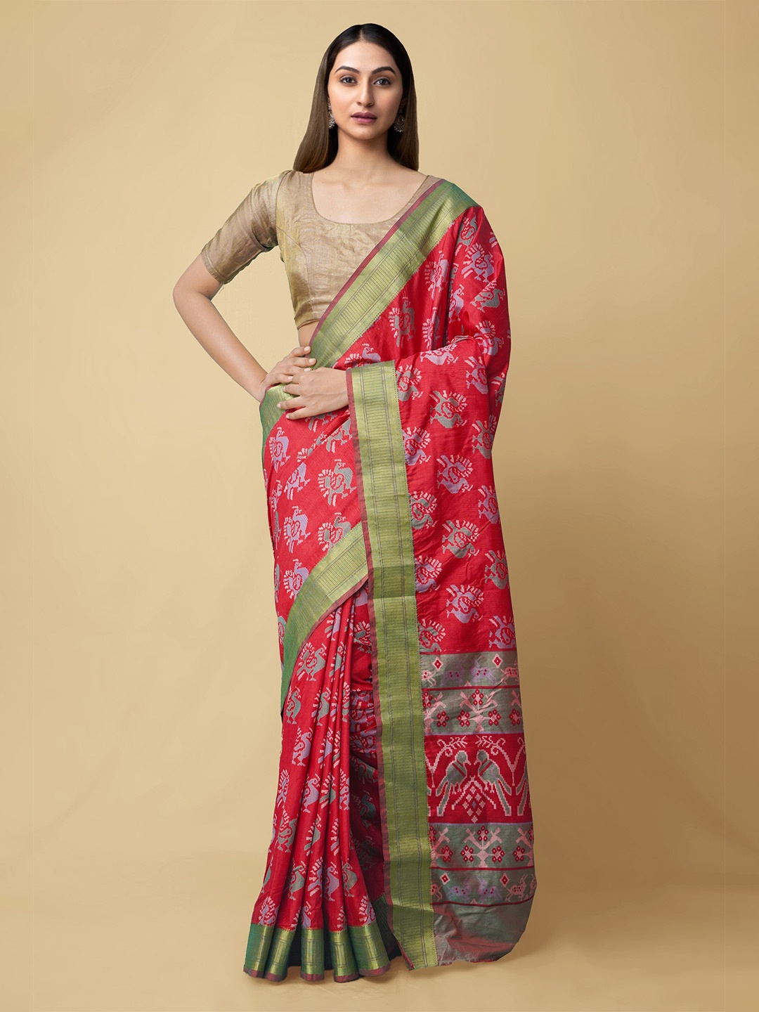 

Unnati Silks Red & Green Ethnic Motifs Zari Handloom Art Silk Patola Saree