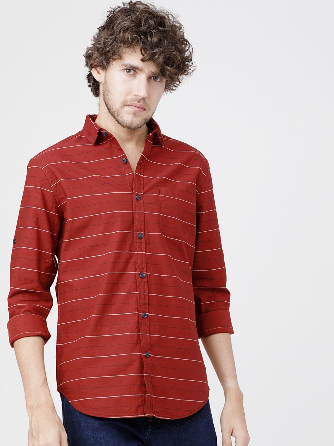 

LOCOMOTIVE Men Rust Slim Fit Horizontal Stripes Striped Casual Shirt