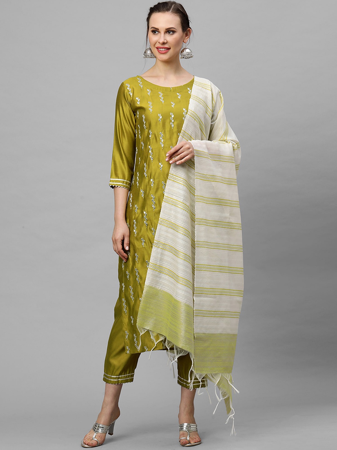 

Indo Era Women Olive Ethnic Motifs Liva Kurta with Trousers & With Dupatta