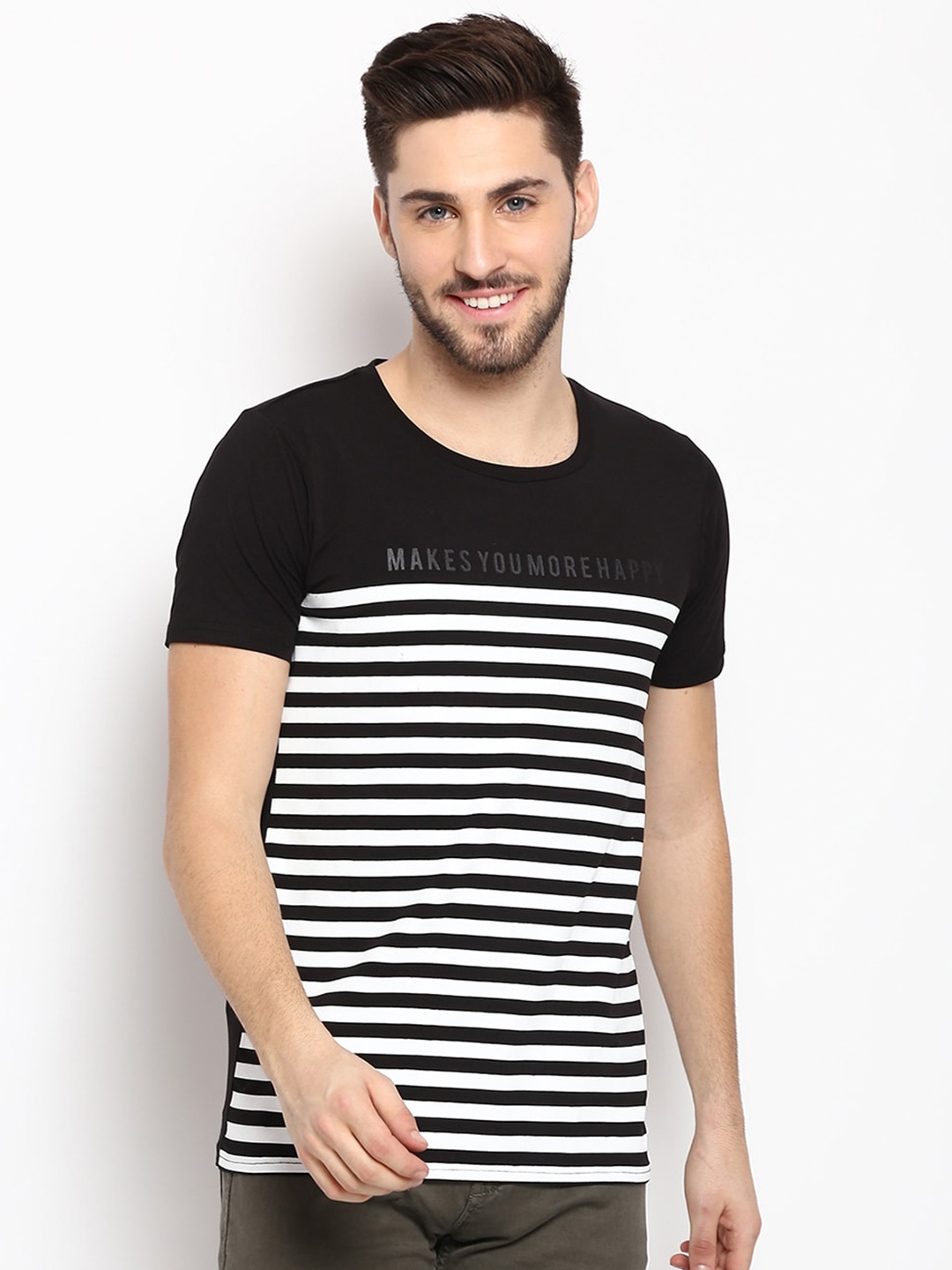 

V2 Value & Variety Men Black & White Striped T-shirt