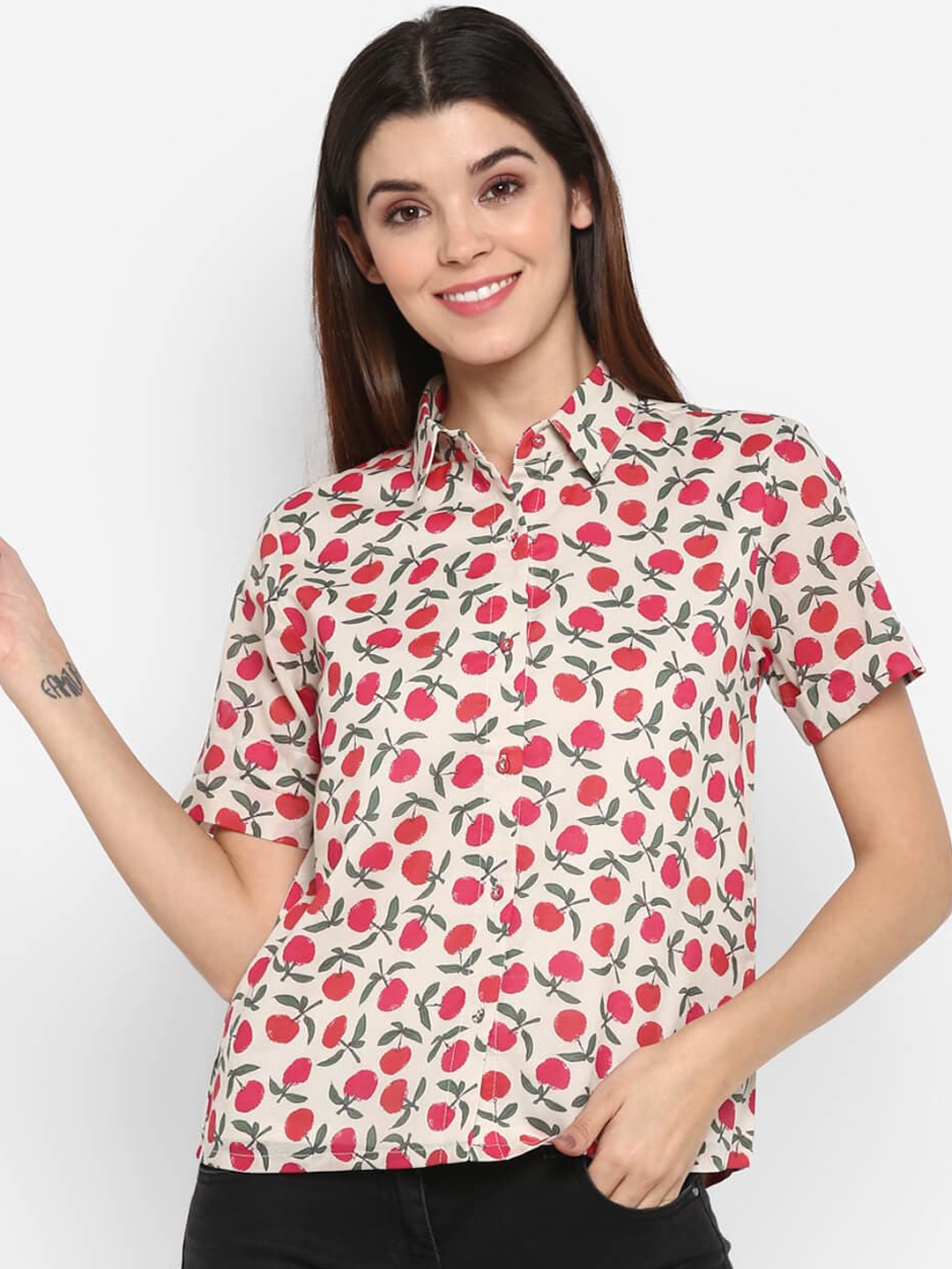 DEEBACO Women Off White Printed Casual Shirt