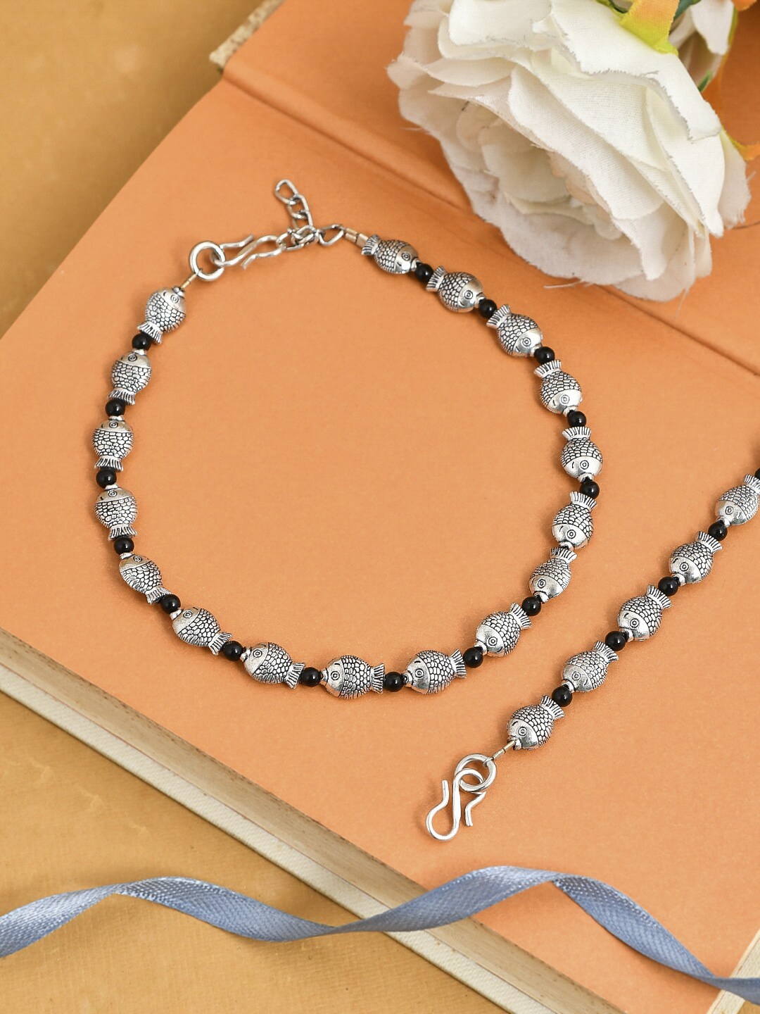 

Silvermerc Designs Set of 2 Silver-Plated Black Beads Handcrafted Evil Eye Anklets