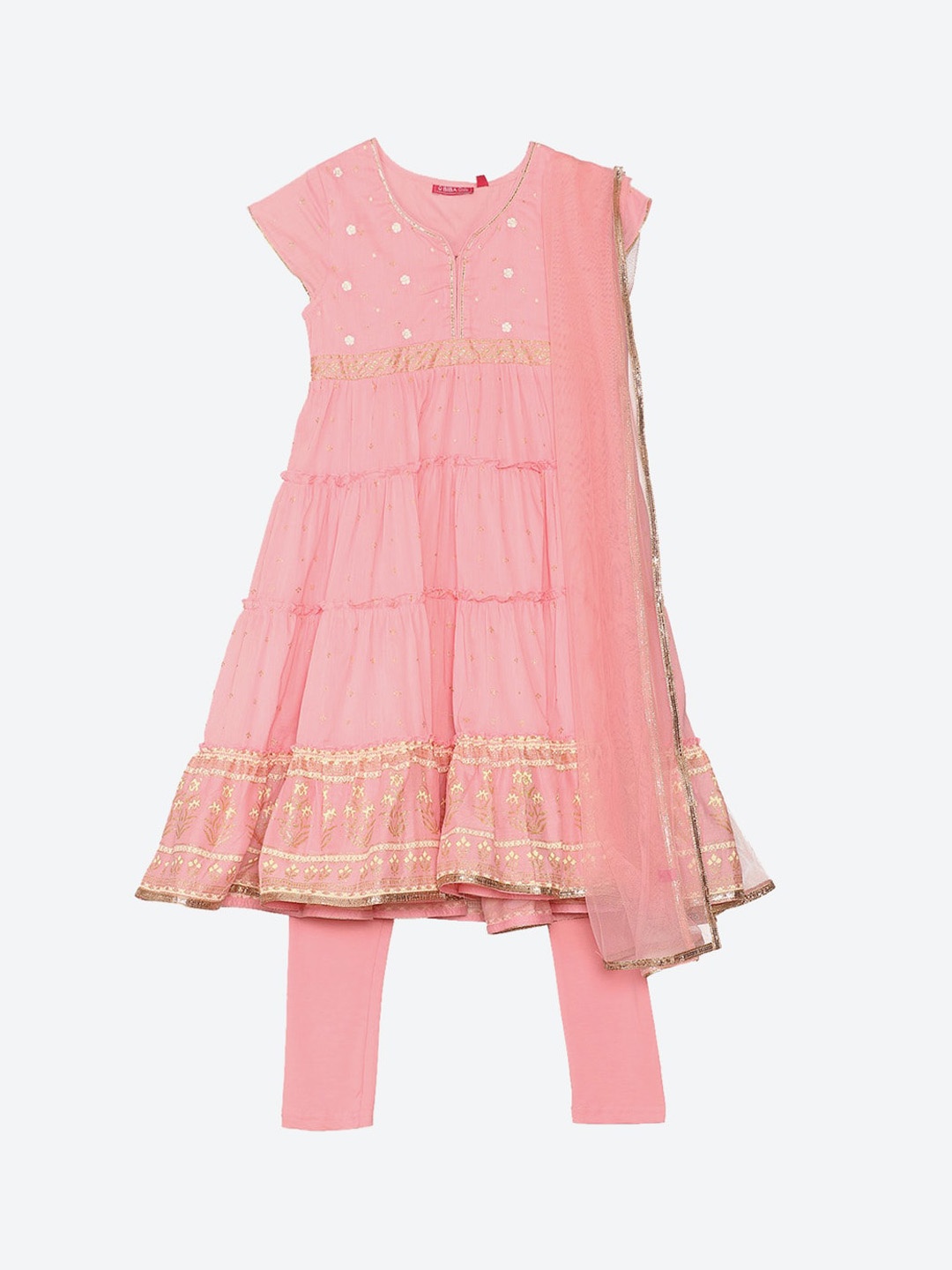 

Biba Girls Pink Ethnic Motifs Printed Kurta with Churidar & Dupatta
