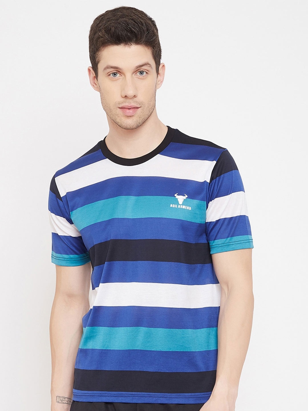 

AGIL ARMERO Men White & Blue Striped T-shirt