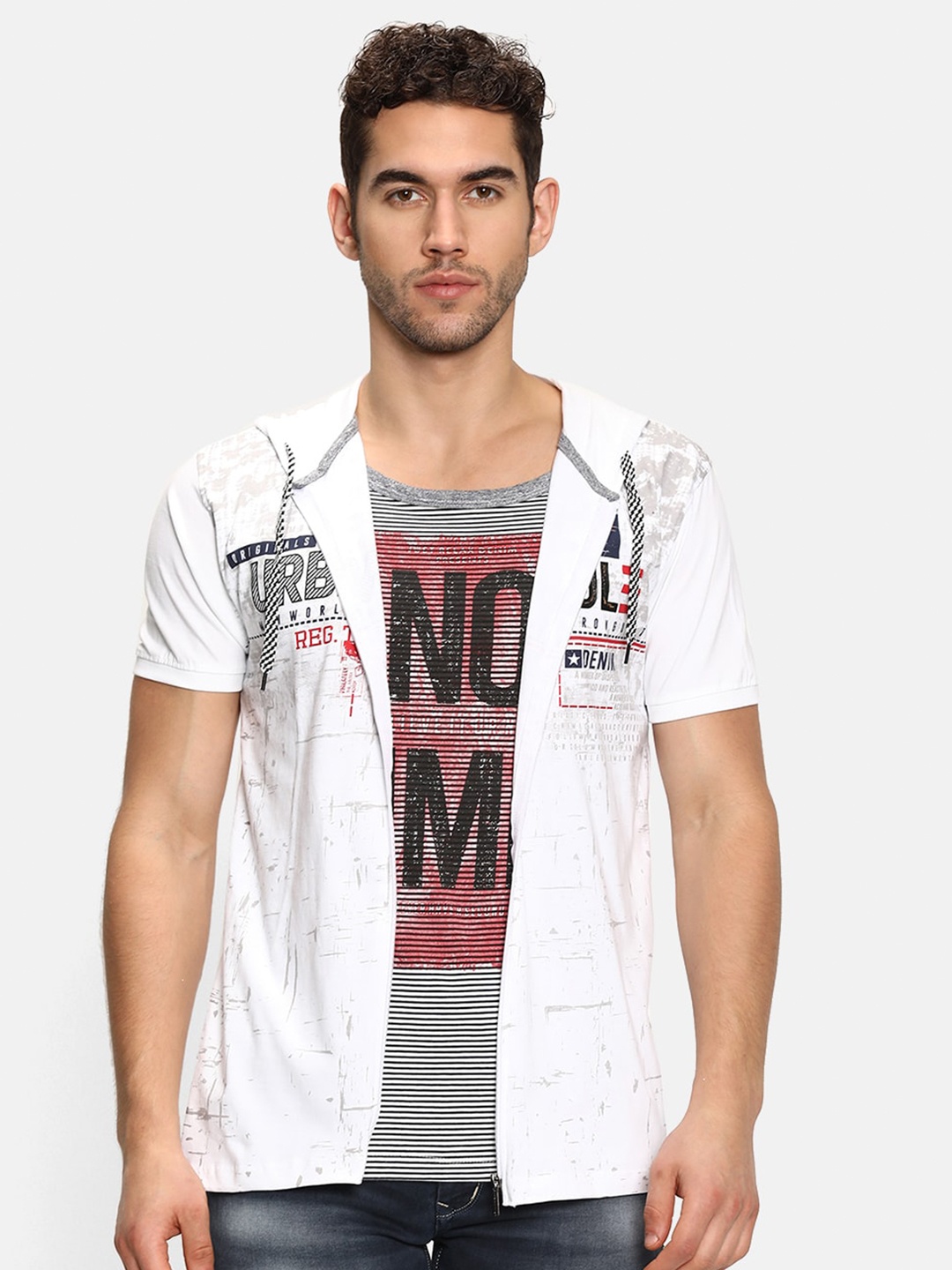 

V2 Value & Variety Men White Typography Printed Front Zip T-Shirt