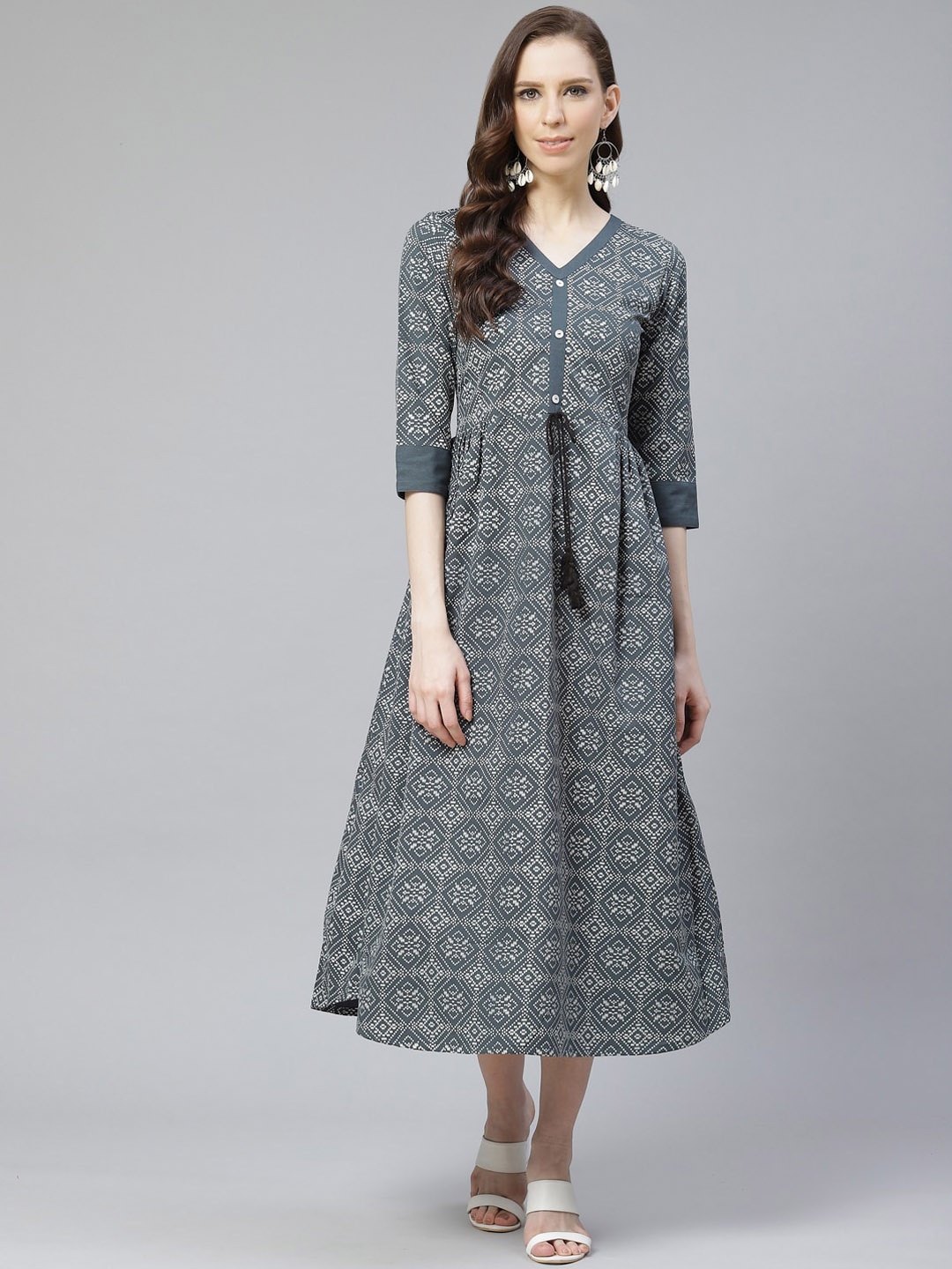 

ZIYAA Women Teal Blue & White Woven Geometric Design Midi-Length A-Line Dress
