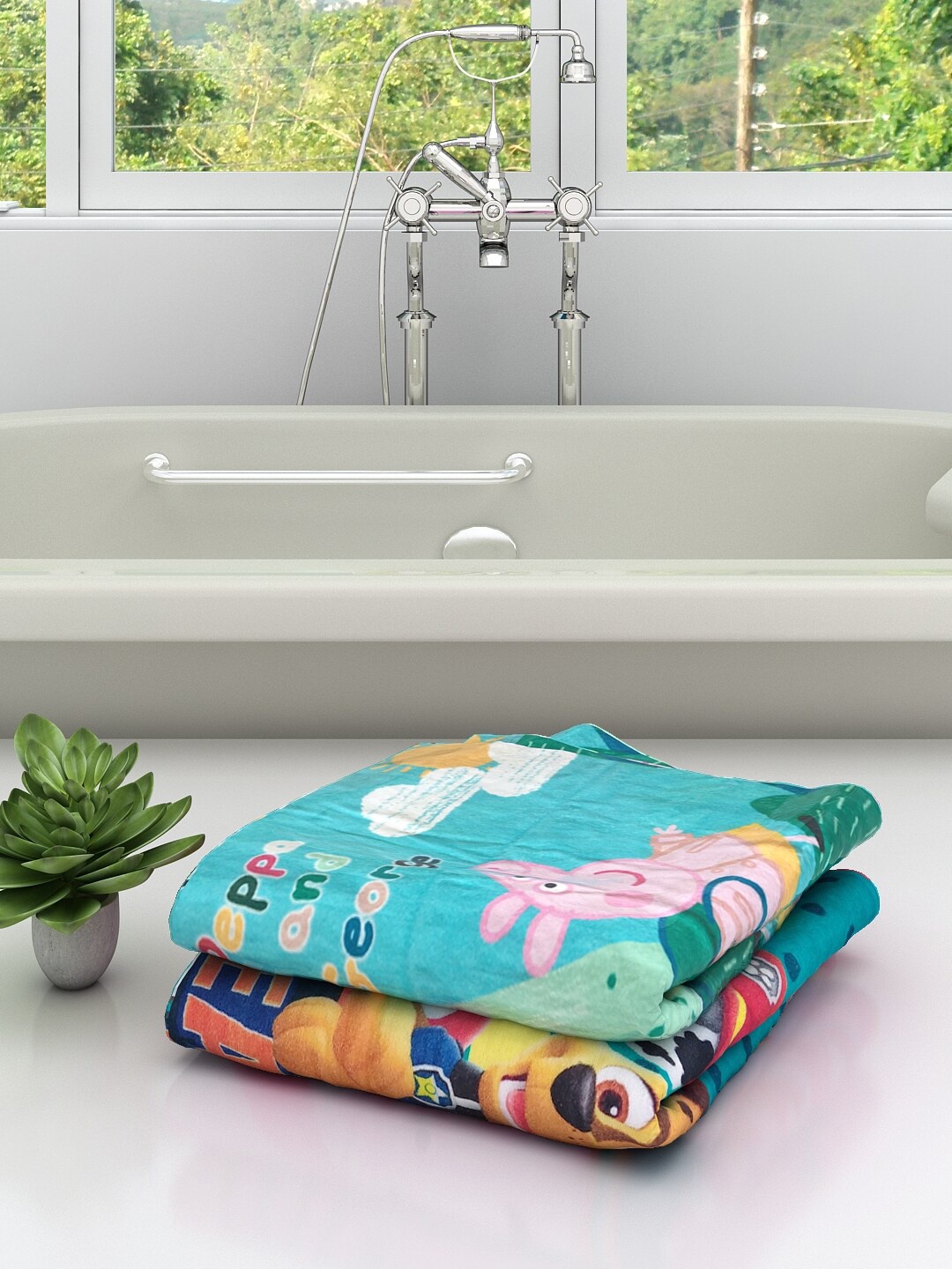 

Athom Trendz Kids Set Of 2 Peppa Pig Paw Patrol Printed Pure Cotton Bath Towels, Multi