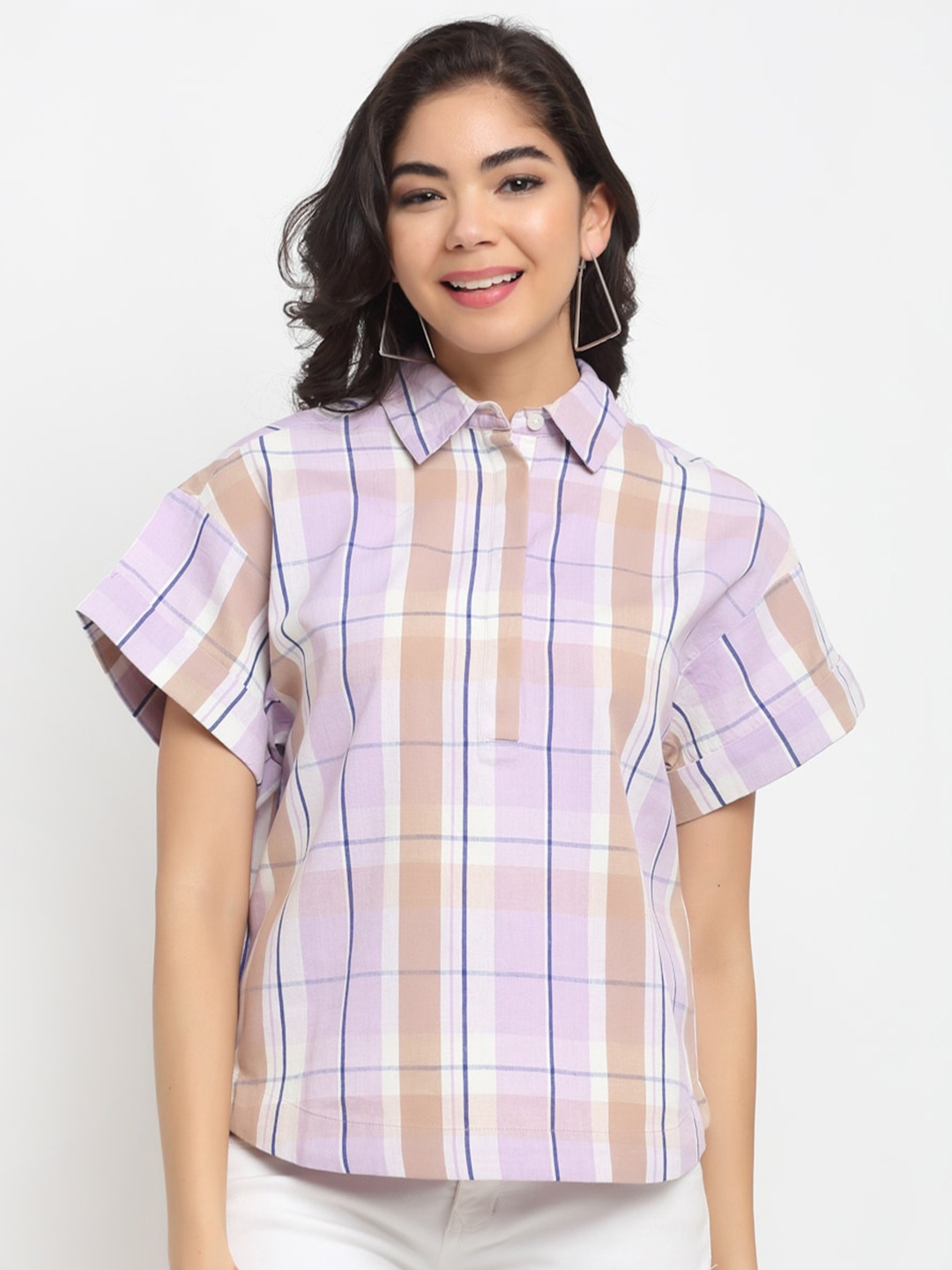 

Bhaane Lavender & Coral Pink Checked Shirt Style Top