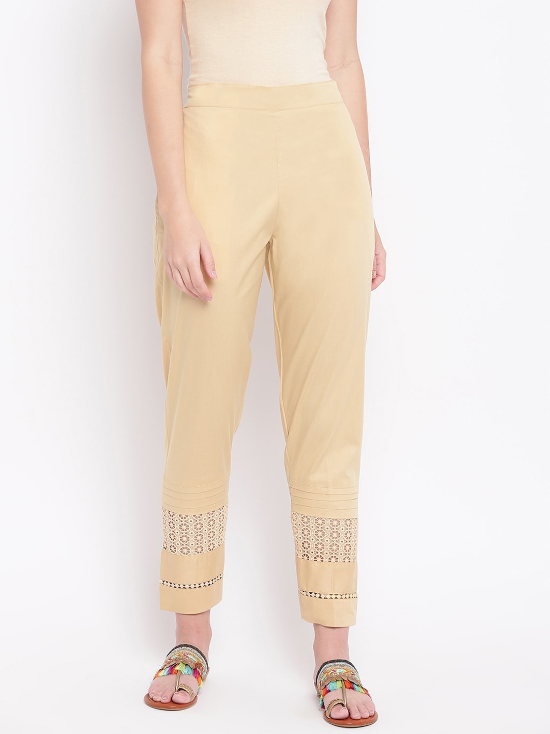 

RIVI Women Gold Textured Regular Trousers