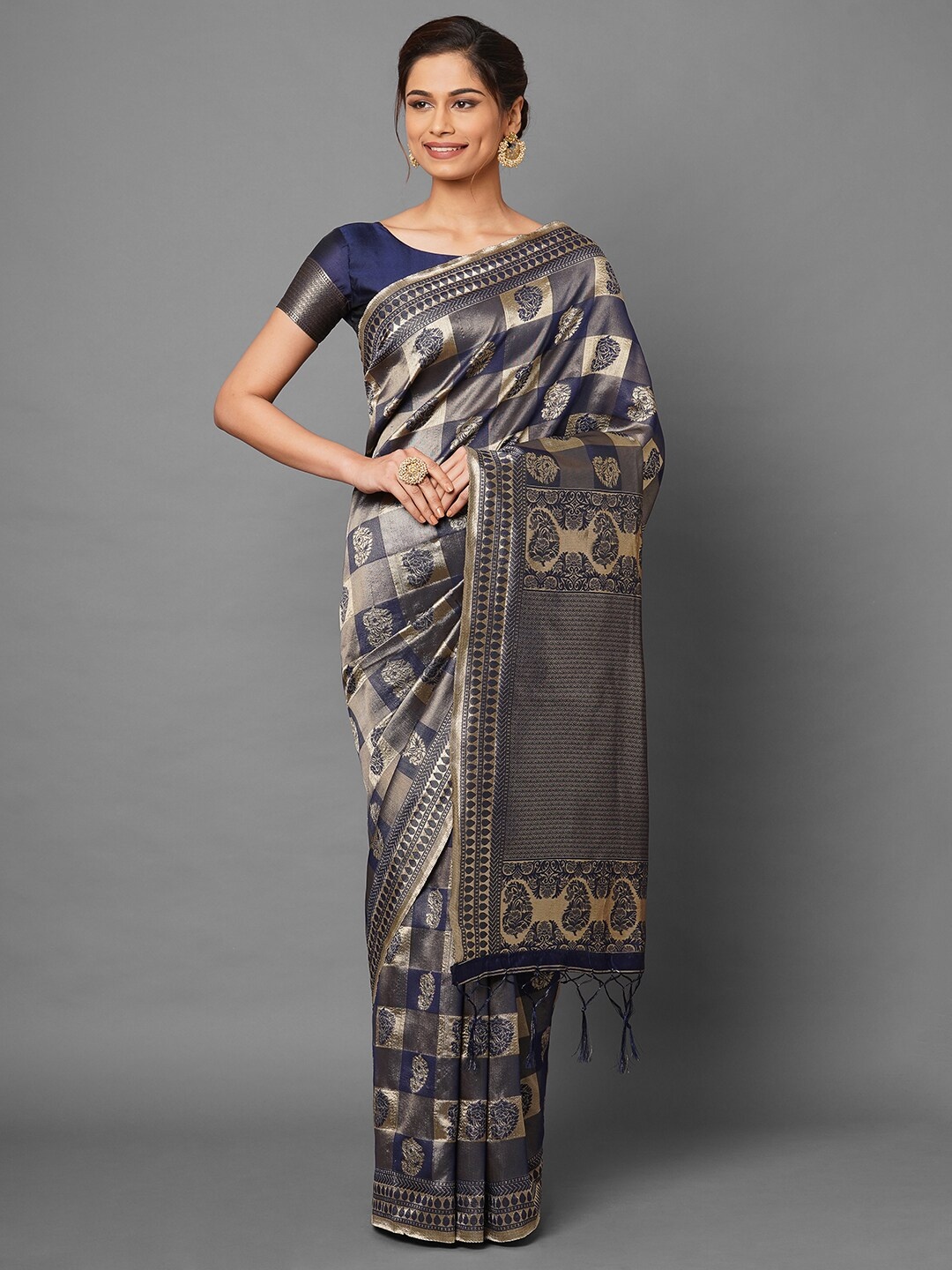 

Mitera Navy Blue & Gold-Toned Paisley Silk Blend Banarasi Saree