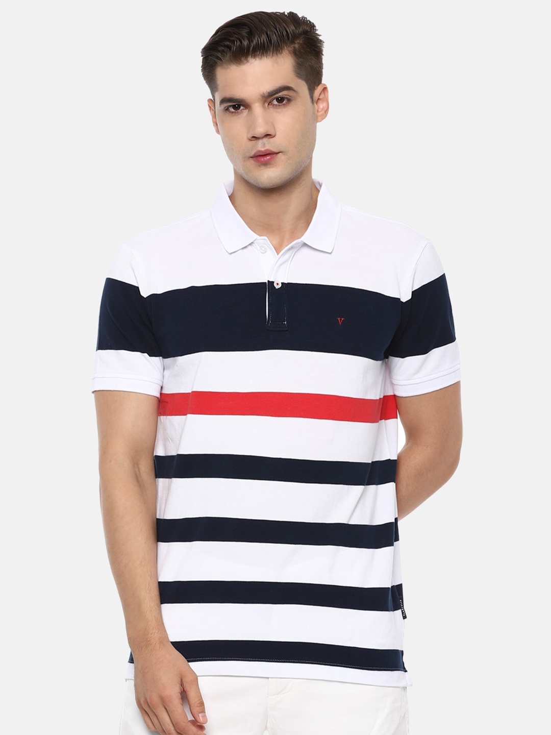 

Van Heusen Sport Men White Striped Polo Collar Applique T-shirt