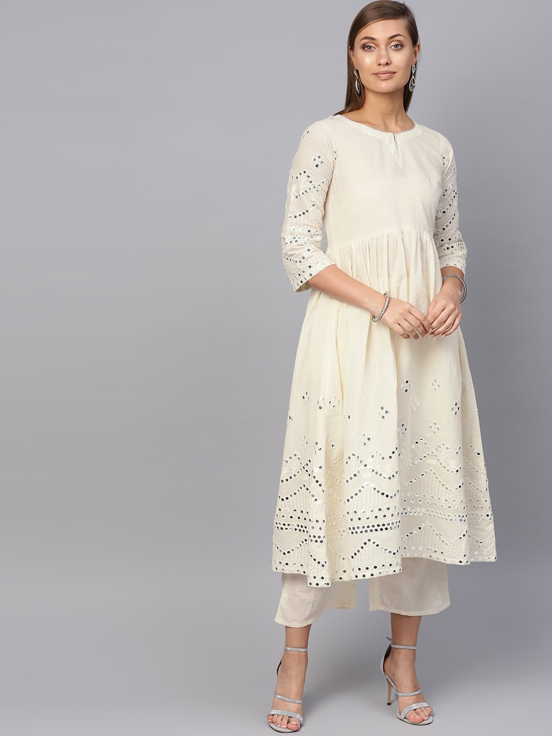 

Libas Women White Embroidered Mirror work Empire Pure Cotton Kurta with Trousers
