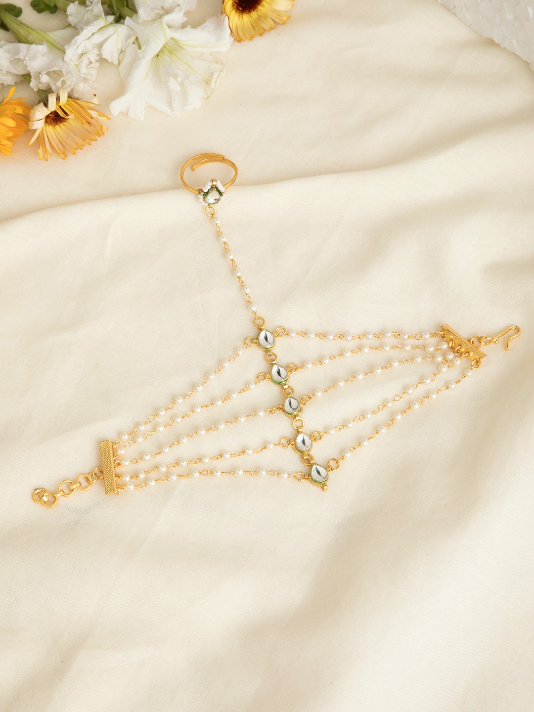 

INDYA Women Gold & White Gold-Plated Multistrand Hathphool