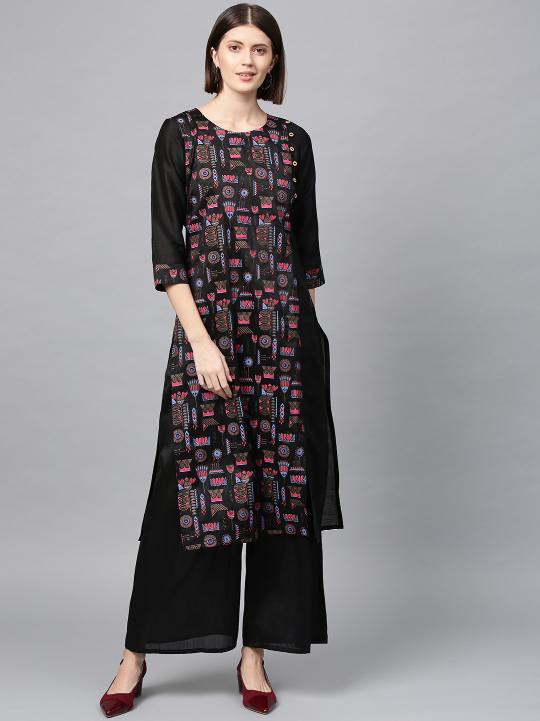 

ZIYAA Women Black Ethnic Motifs Printed Kurta with Palazzos