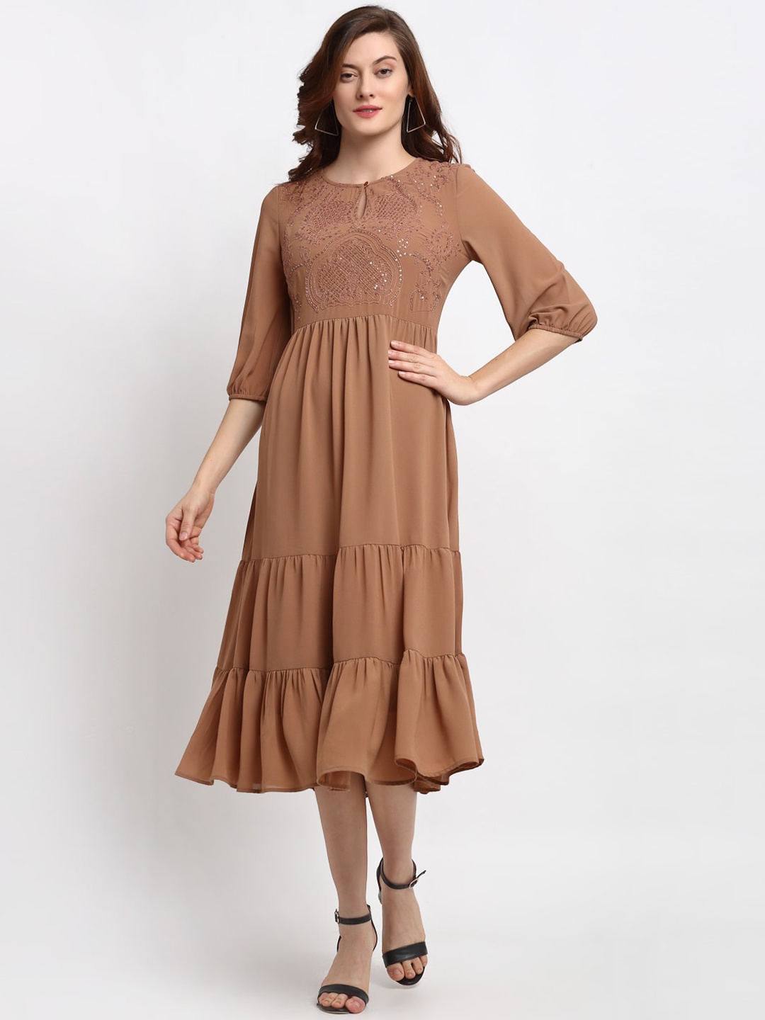

Gipsy Khaki Keyhole Neck Georgette Midi Dress