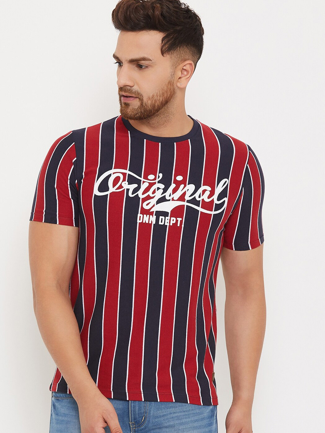 

Austin wood Men Red & Navy Blue Striped Cotton T-shirt