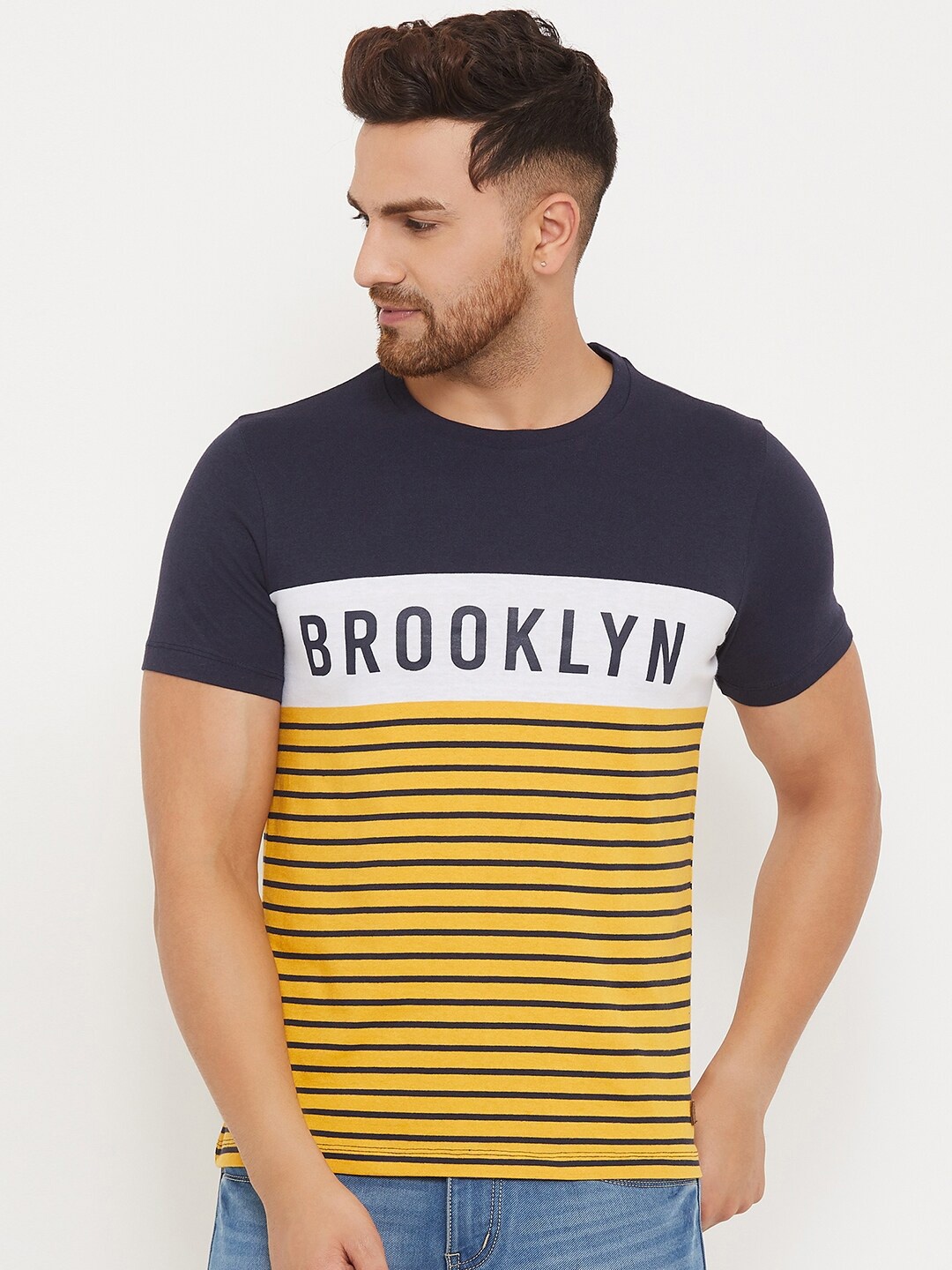 

Austin wood Men Yellow & Blue Striped T-shirt
