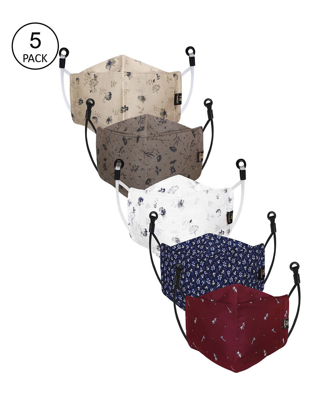 

CENWELL Unisex Pack Of 5 Printed Reusable 6-ply 3D Pure Cotton Cloth Masks, Multi