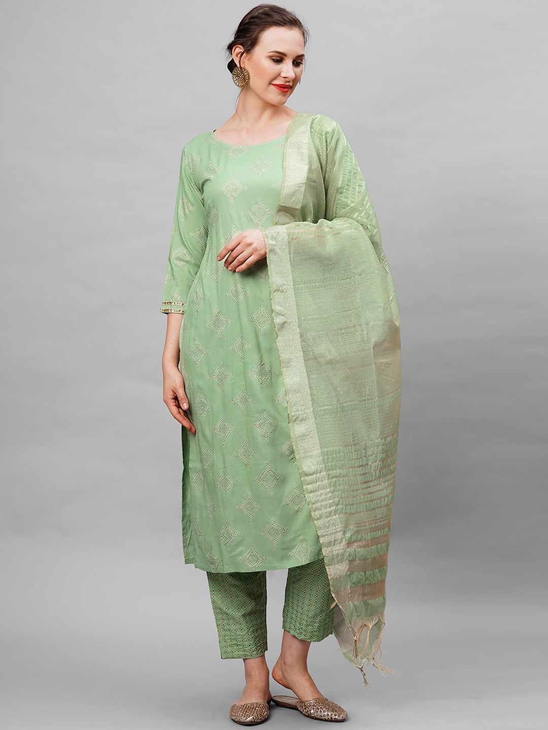 

Indo Era Women Green Printed Pure Cotton Kurta with Pyjamas & Dupatta