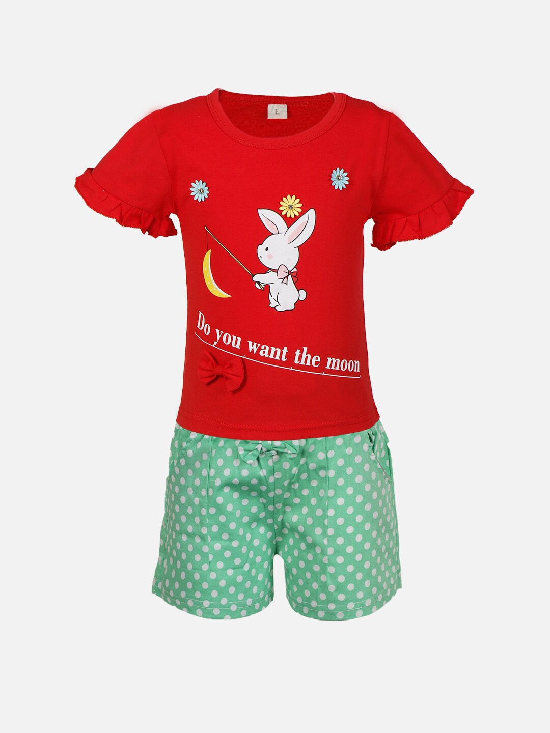 

PASSION PETALS Girls Red & Sea Green Printed Top with Shorts