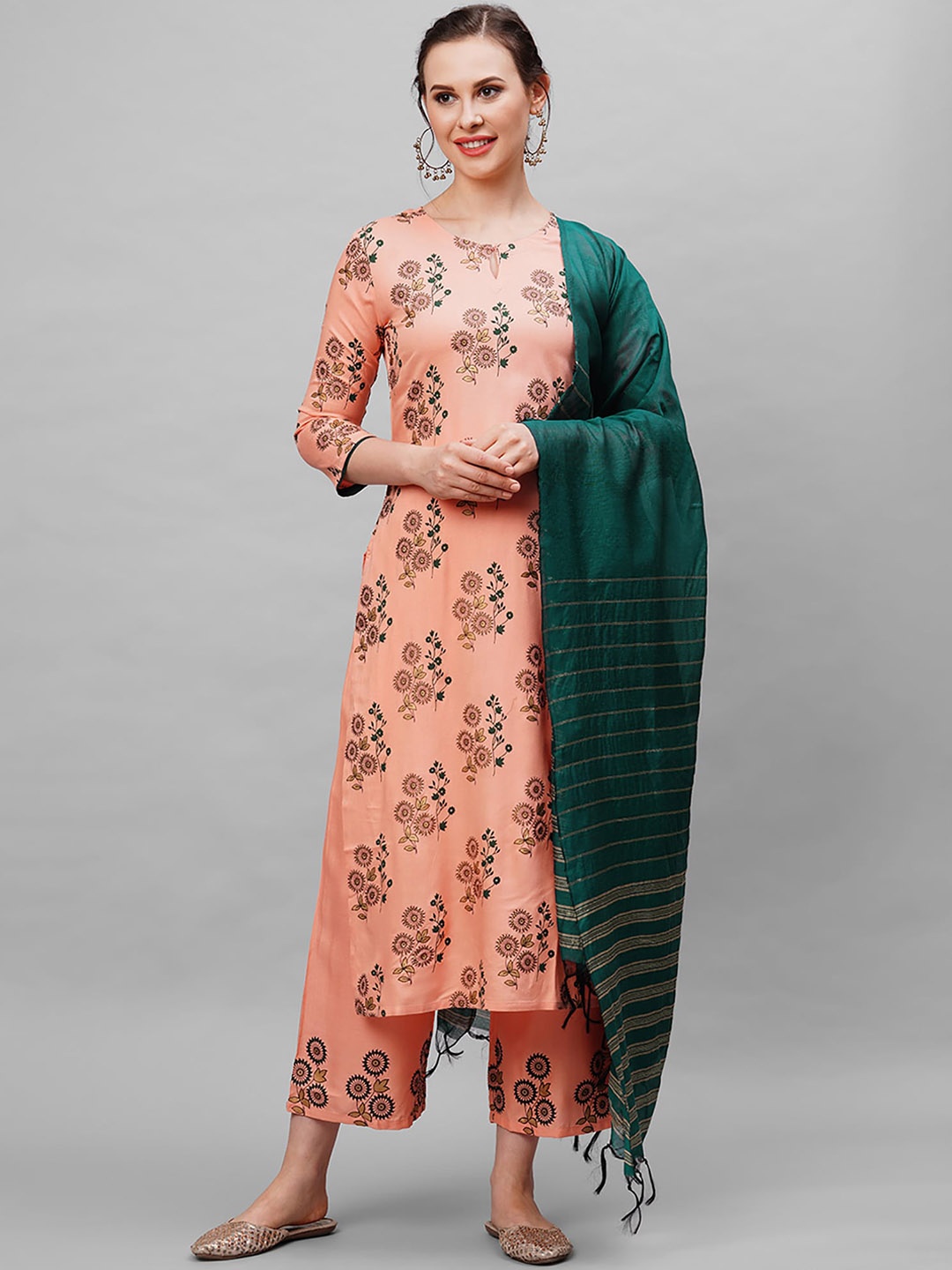 

Indo Era Women Peach Floral Printed Kurta with Palazzos & Dupatta