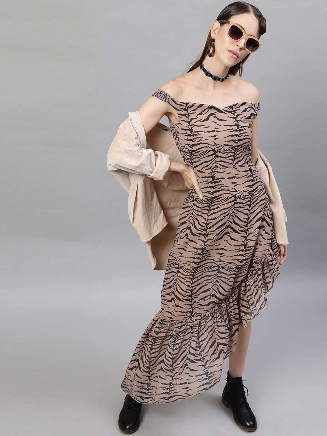 

STREET 9 Beige & Black Animal Off-Shoulder Georgette Maxi Dress