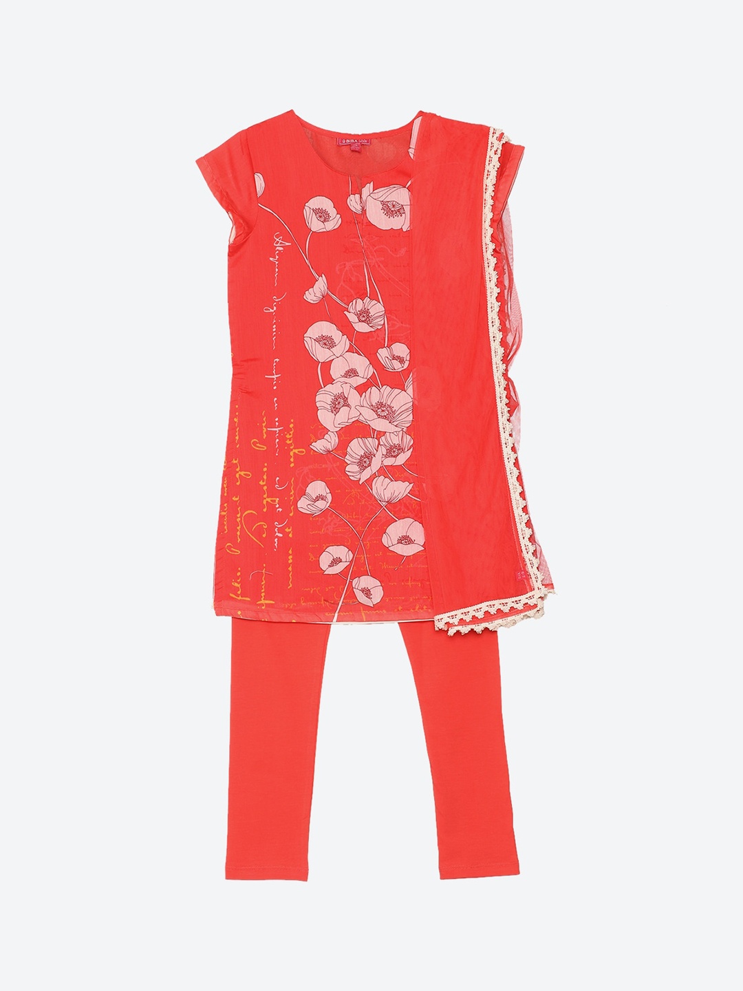 

Biba Girls Red Floral Printed Kurta with Churidar & Dupatta & 2-Ply Cloth Mask