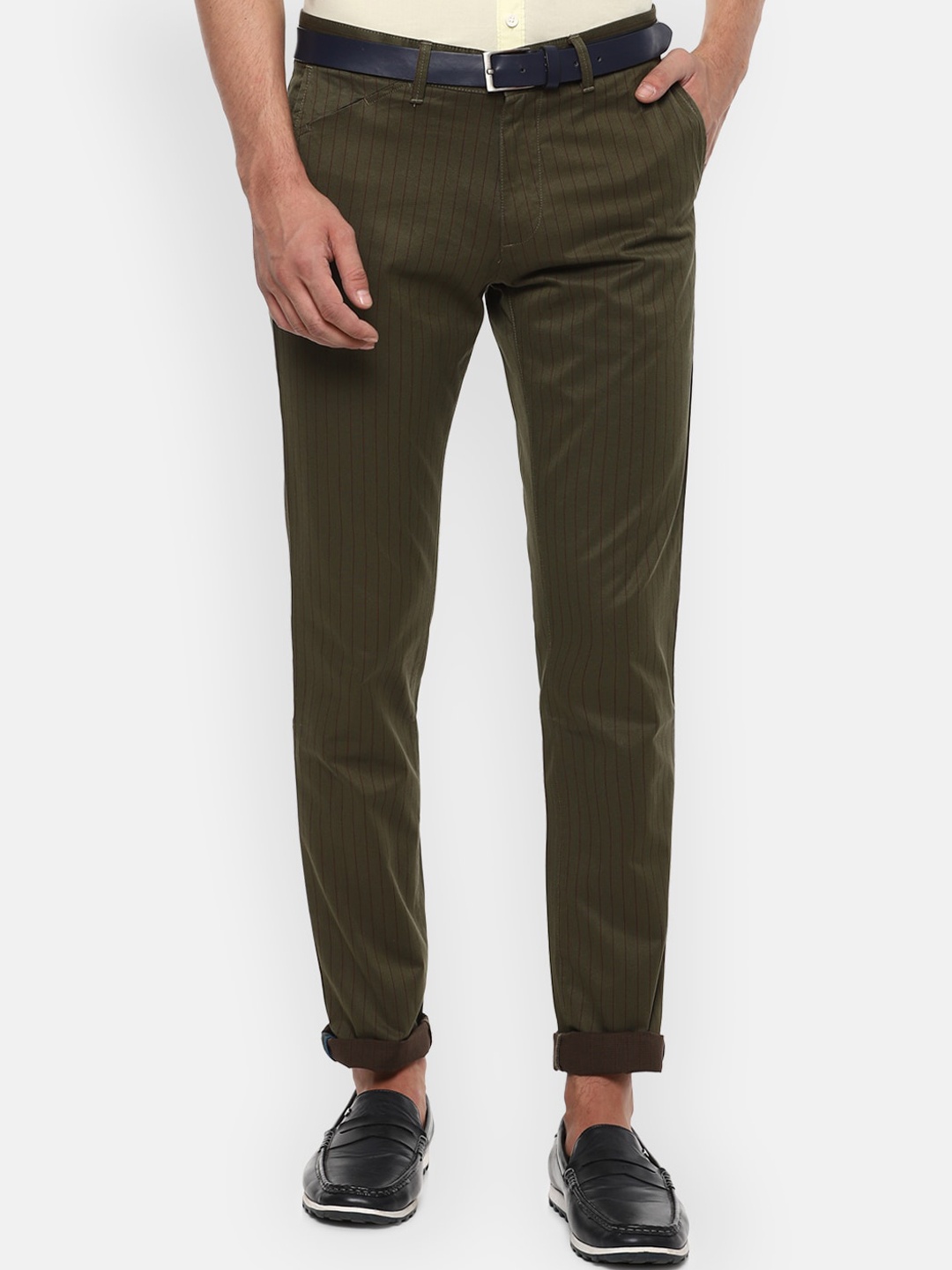 

V Dot Men Olive Striped Regular Cotton Trousers
