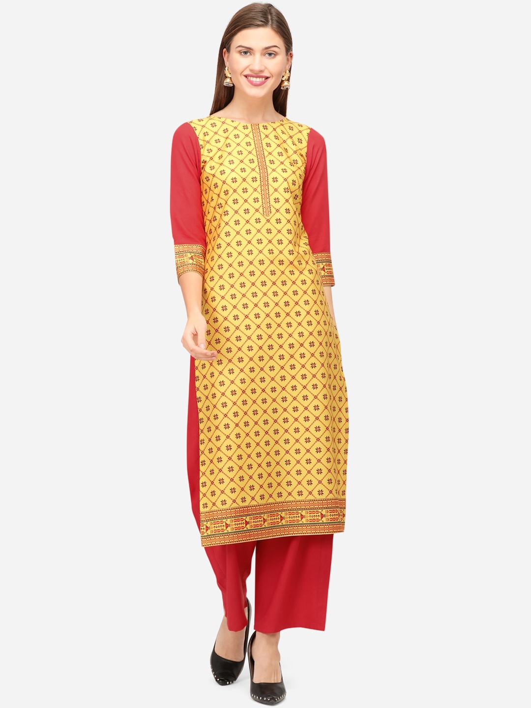 

SANISA Women Yellow Ethnic Motifs Printed Crepe Handloom Crepe Kurta