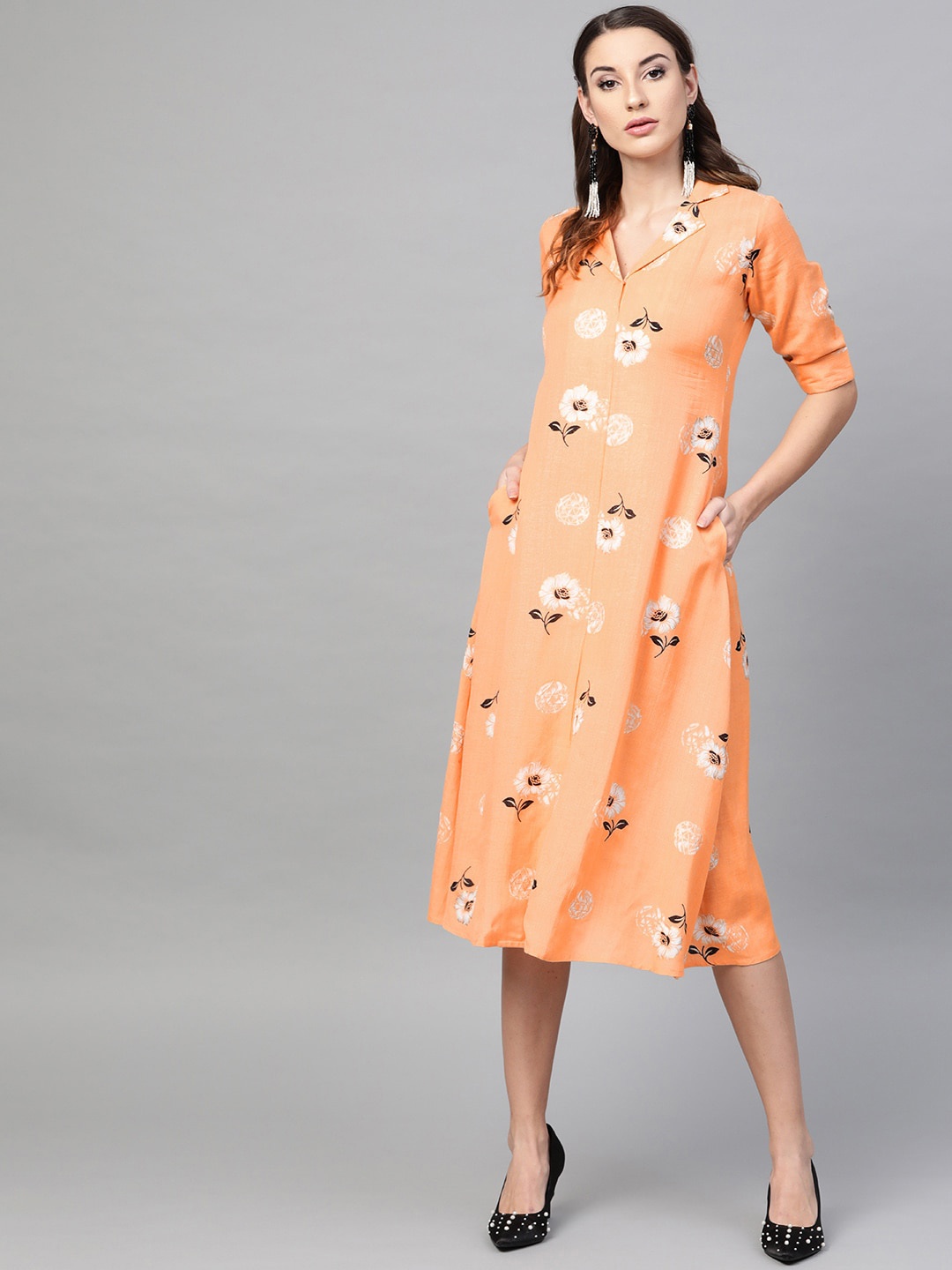 

Gerua By Libas Orange Floral A-Line Midi Dress