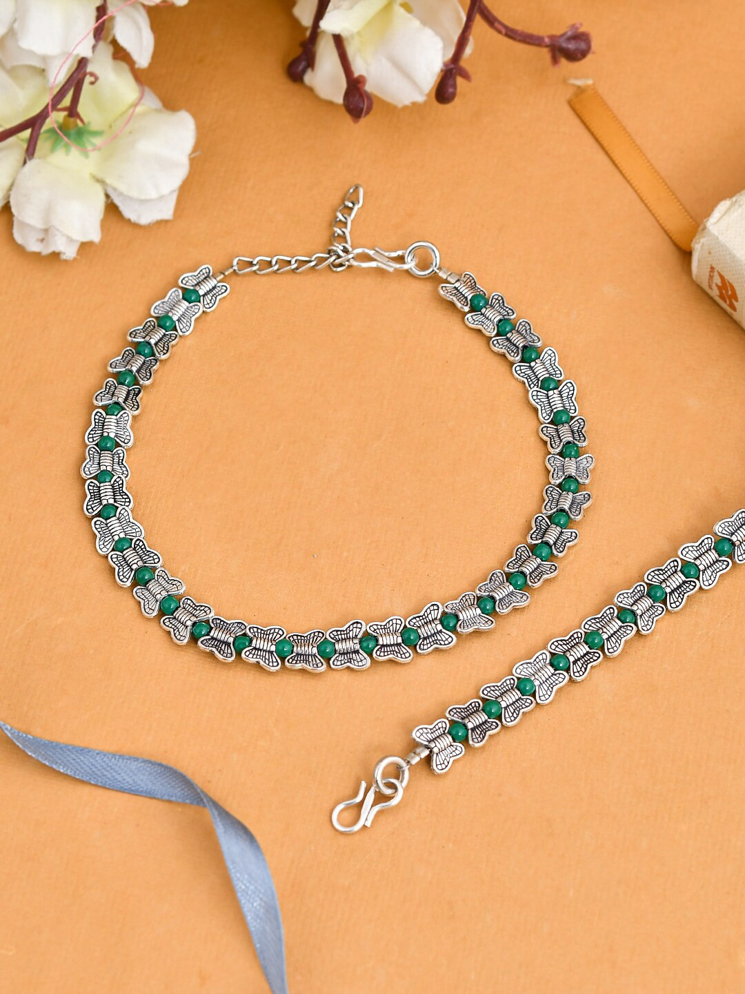 

Silvermerc Designs Set Of 2 Silver-Plated Green Beaded Handcrafted Anklets