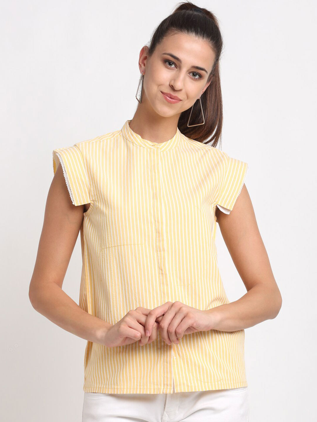 

Bhaane Yellow Striped Mandarin Collar Shirt Style Top